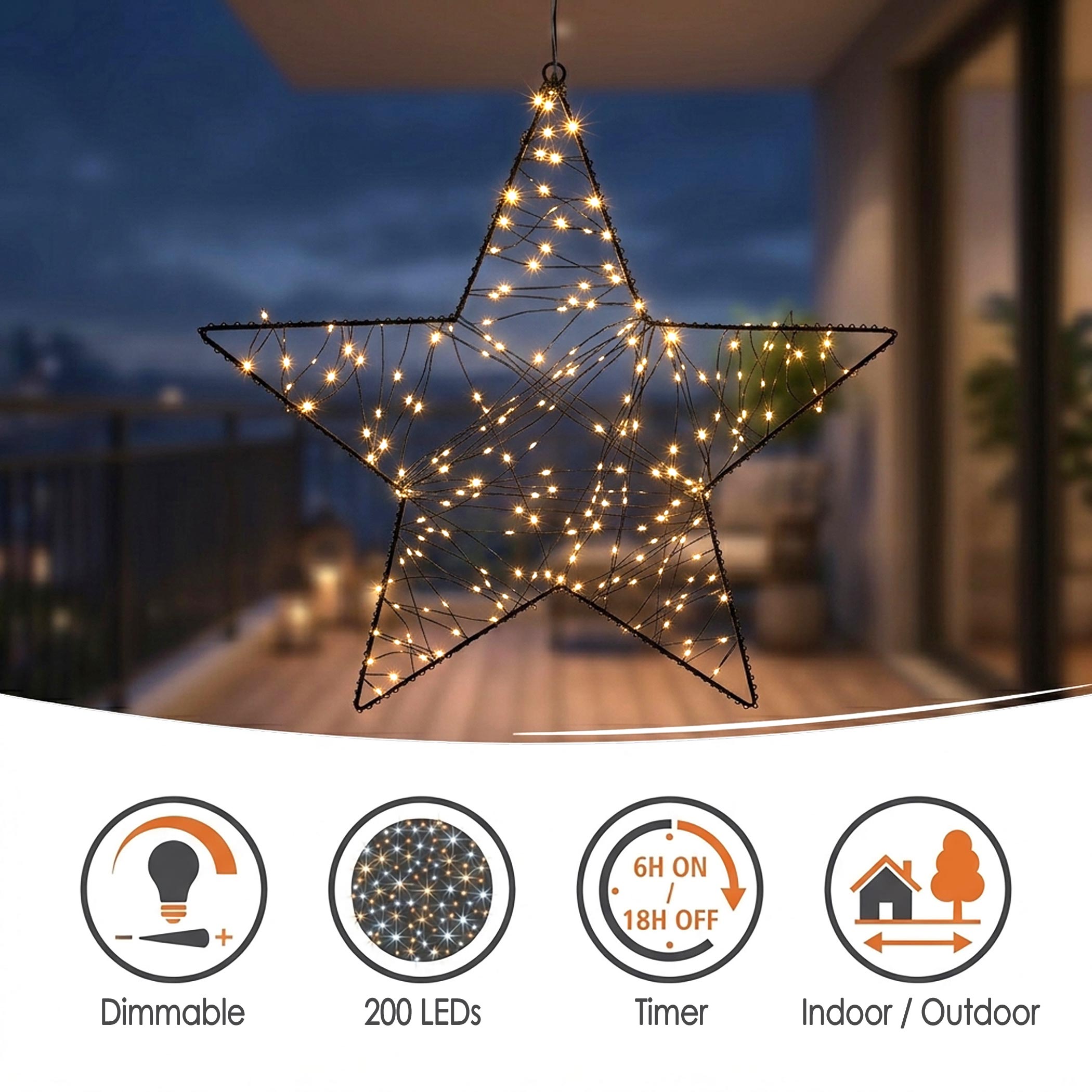 Metall Leuchtstern schwarz mit Twinkle Effekt dimmbar für Außen mit Timer - 30 cm - Stern Silhouette mit funkelnden 200 LEDs in warm weiß mit Netzteil