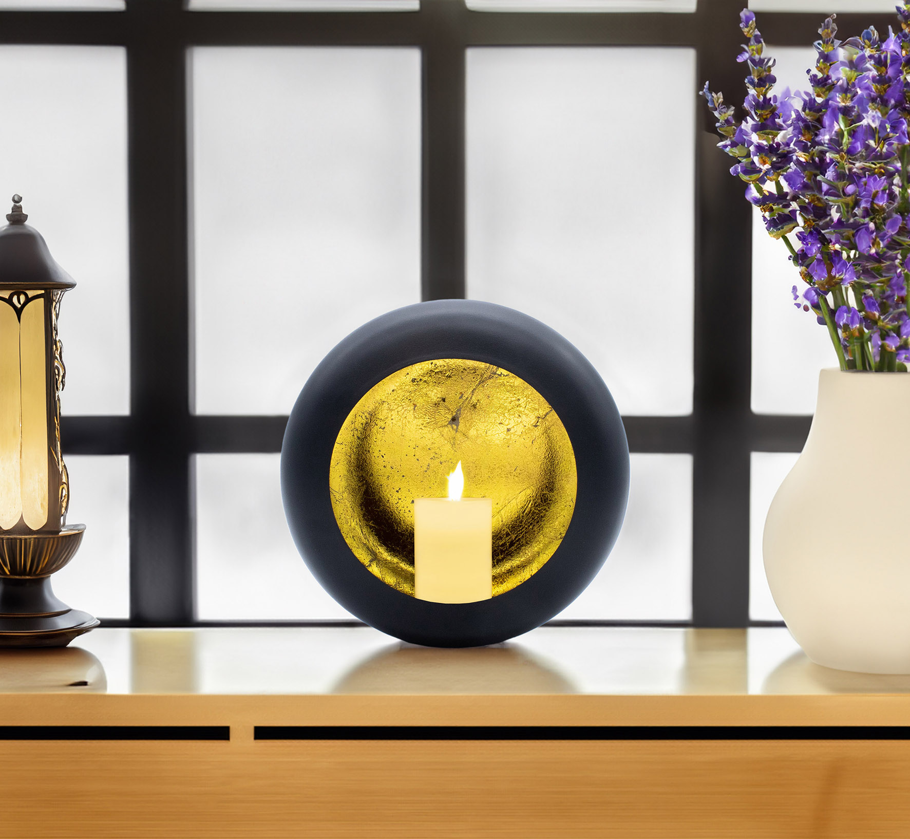 Deko Kerzen Schale 20 cm - schwarz matt / innen gold - Windlicht im orientalischen Design