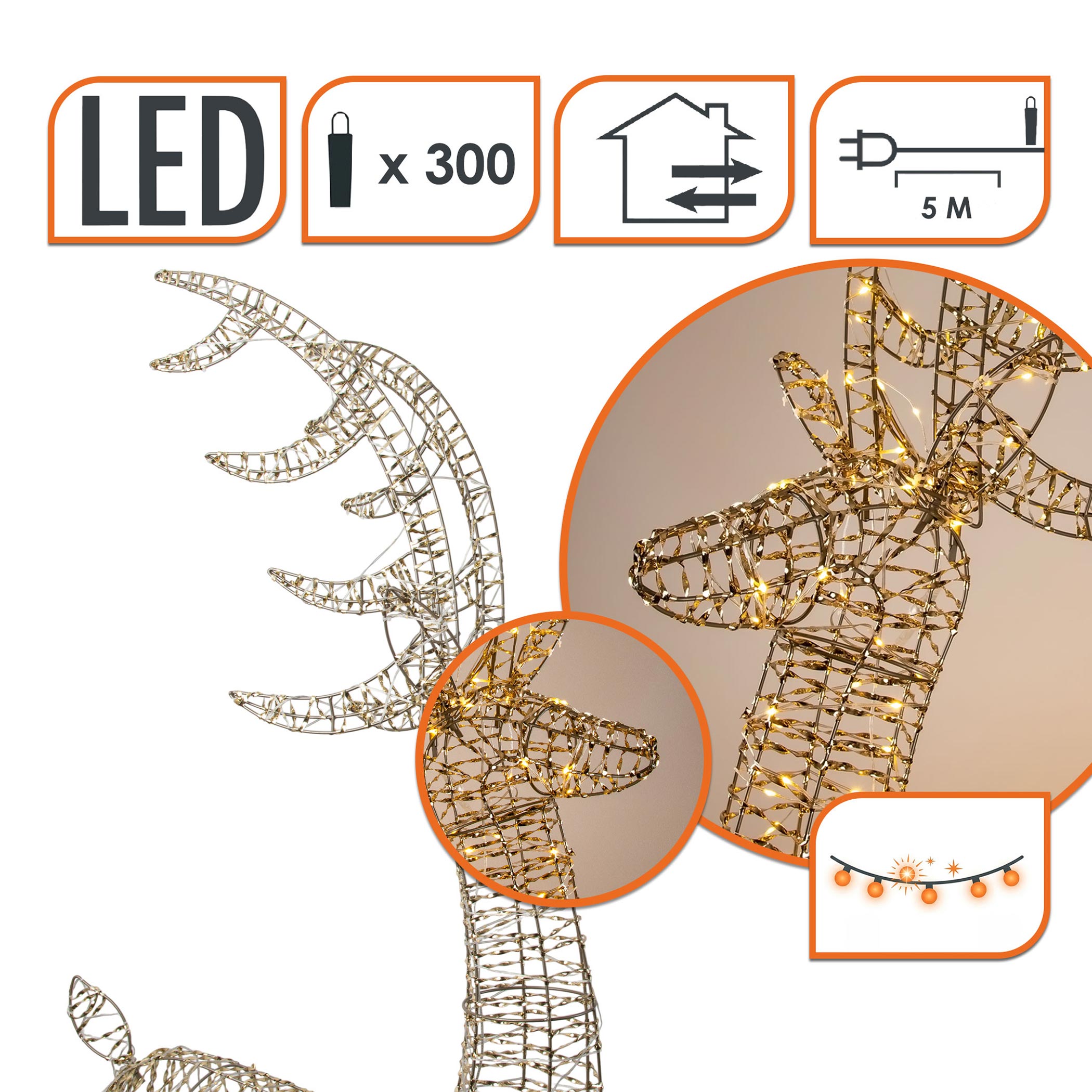 XL LED Rentier gold mit Twinkle Effekt für Außen - 180 cm - Weihnachts Dekofigur mit 300 funkelnden LEDs in warm weiß