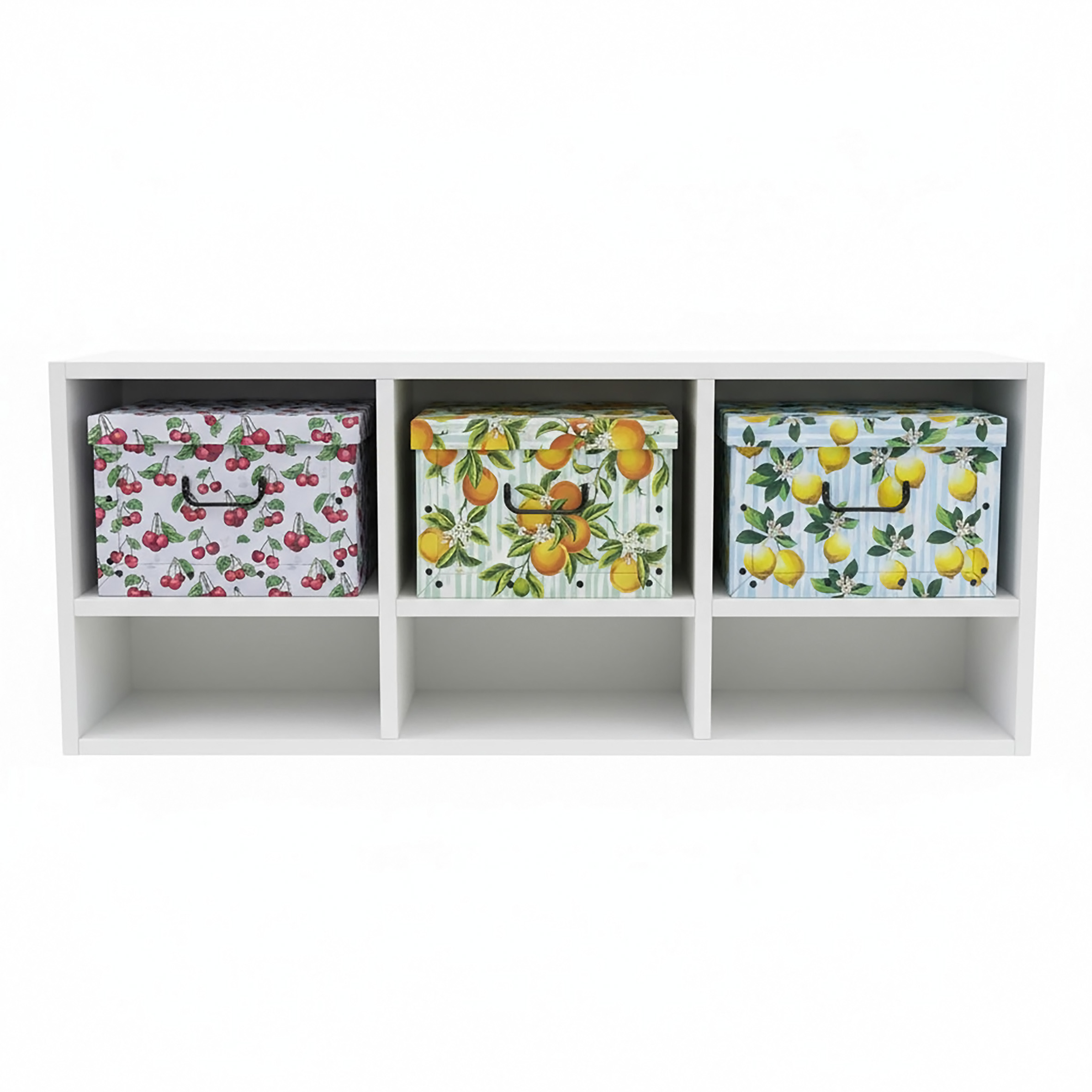 3er Set Aufbewahrungsbox mit Deckel 51 x 37 cm - Früchte - Stapelbox aus Pappe mit Griffen 45 Liter