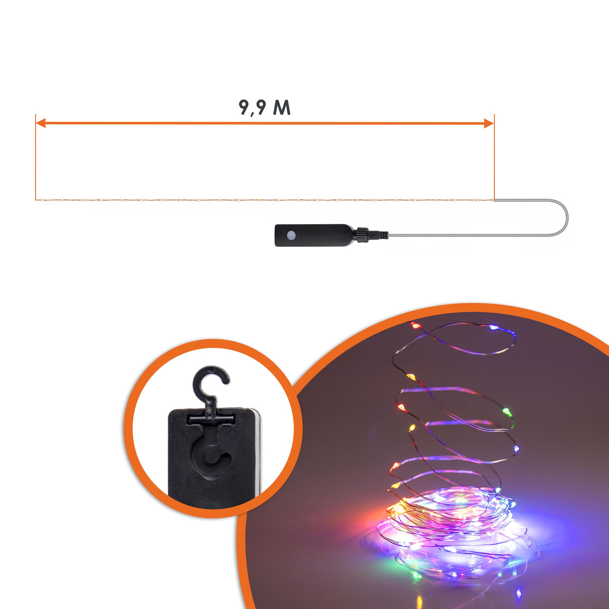 Draht Lichterkette bunt mit Powerbank 8 Funktionen und Timer - 100 LED - Akku Weihnachtslichterkette 9,9 m multicolor per USB-C wiederaufladbar