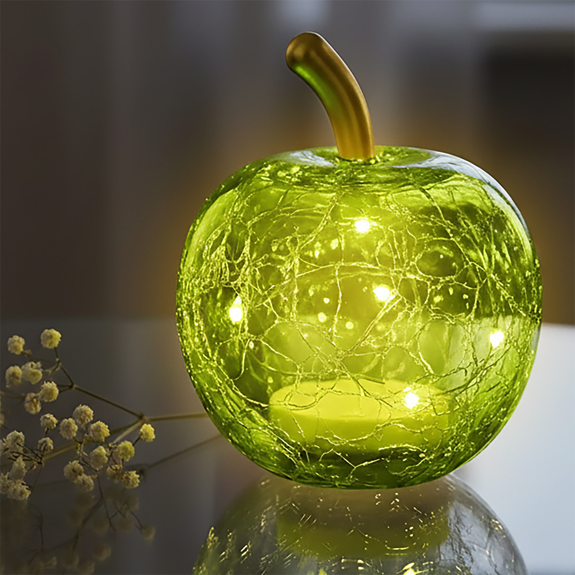 Mini Crackle Glas Apfel 7 cm mit 5 LED batteriebetrieben mit Timer - grün - Deko Frucht in Bruchglas Optik warm weiß beleuchtet