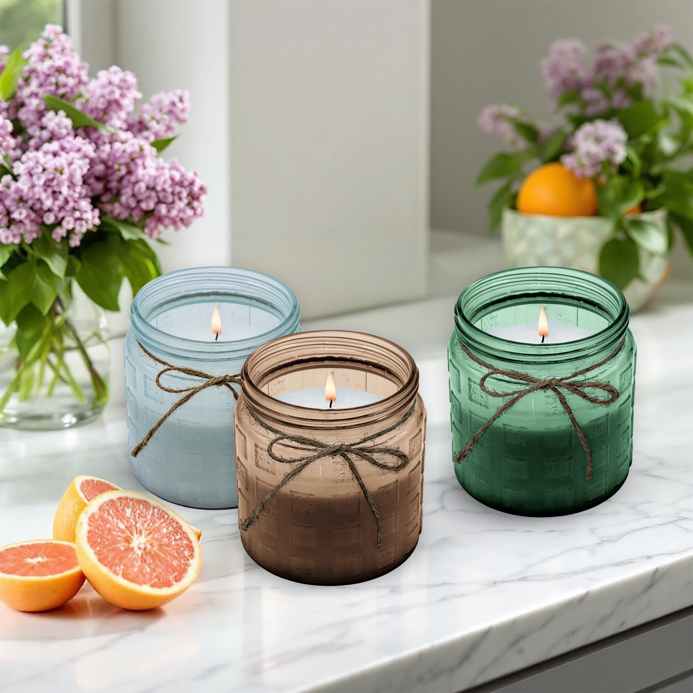 XL Duftkerze im Glas mit Flieder Grapefruit Duft - 3er Set - Aromakerze 12 x 11 cm mit 28 Stunden Brenndauer