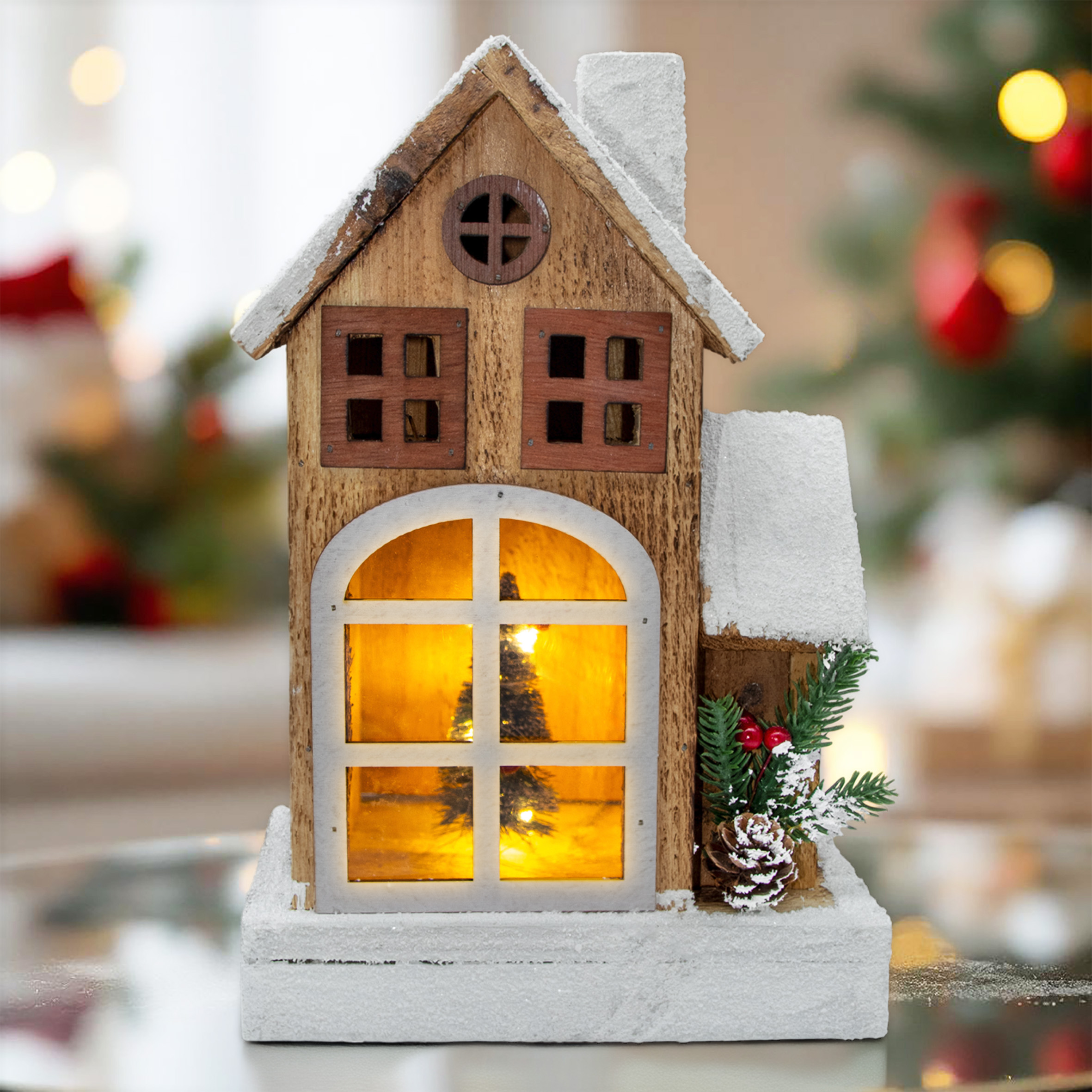 LED Holz Weihnachts Haus mit Schneedach - 29 cm - Lichterhaus Batterie betrieben