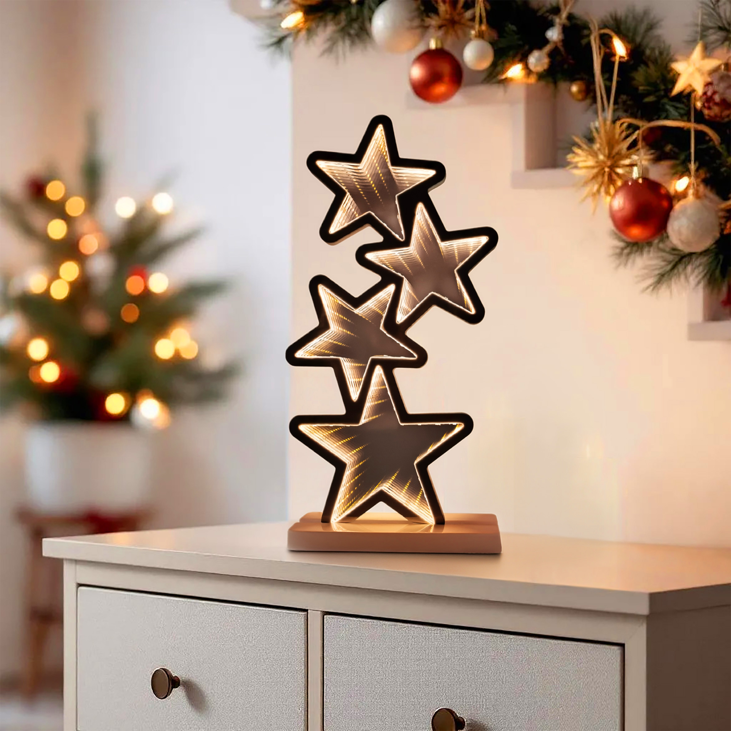 Deko Tischleuchte Sterne 41 cm mit Infinity Effekt Beleuchtung - 117 LED - 3D Weihnachts Dekofigur beidseitig beleuchtet