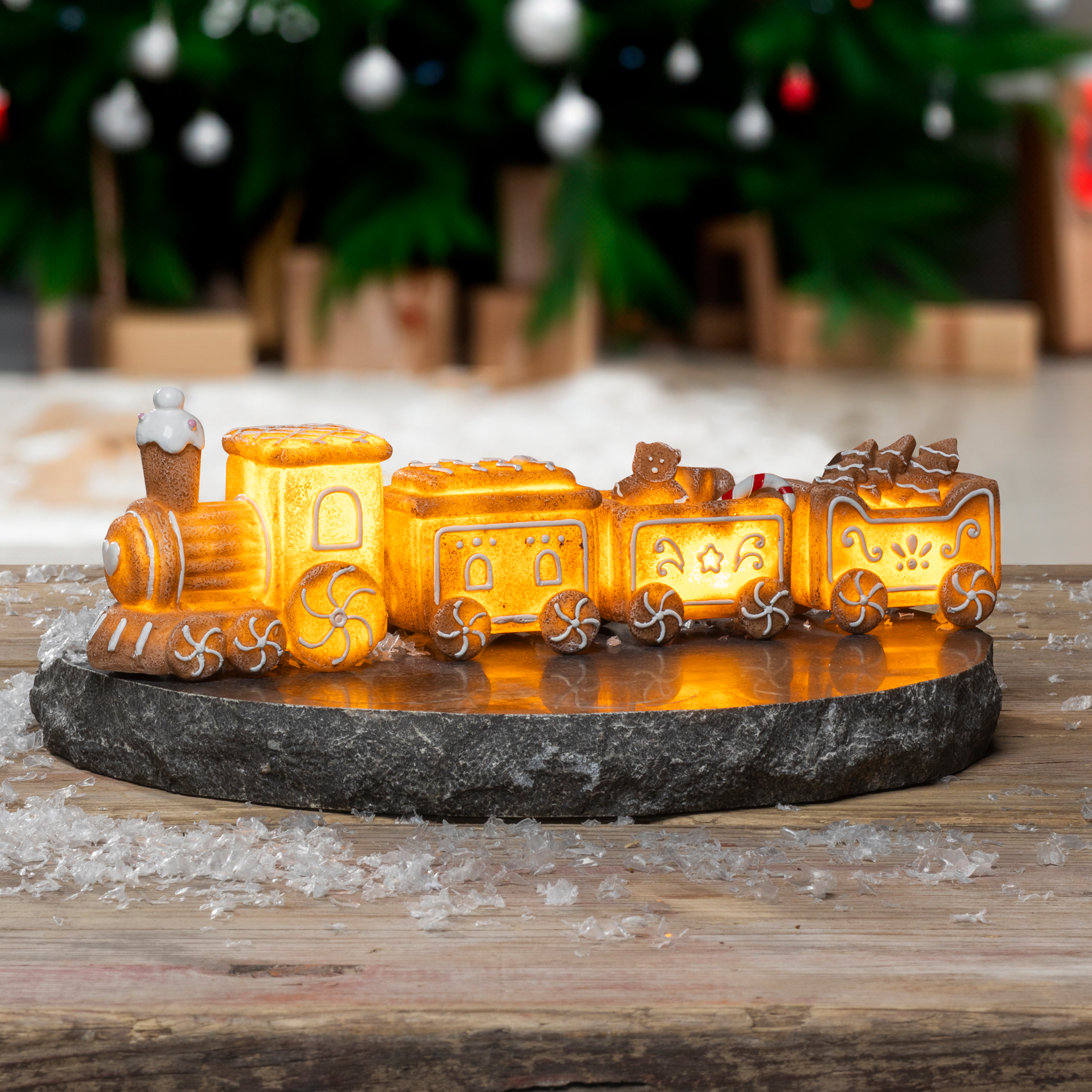 LED Lebkuchen Weihnachtszug Aufsteller warm weiß - 4-teilig - Deko Zug beleuchtet Batterie betrieben