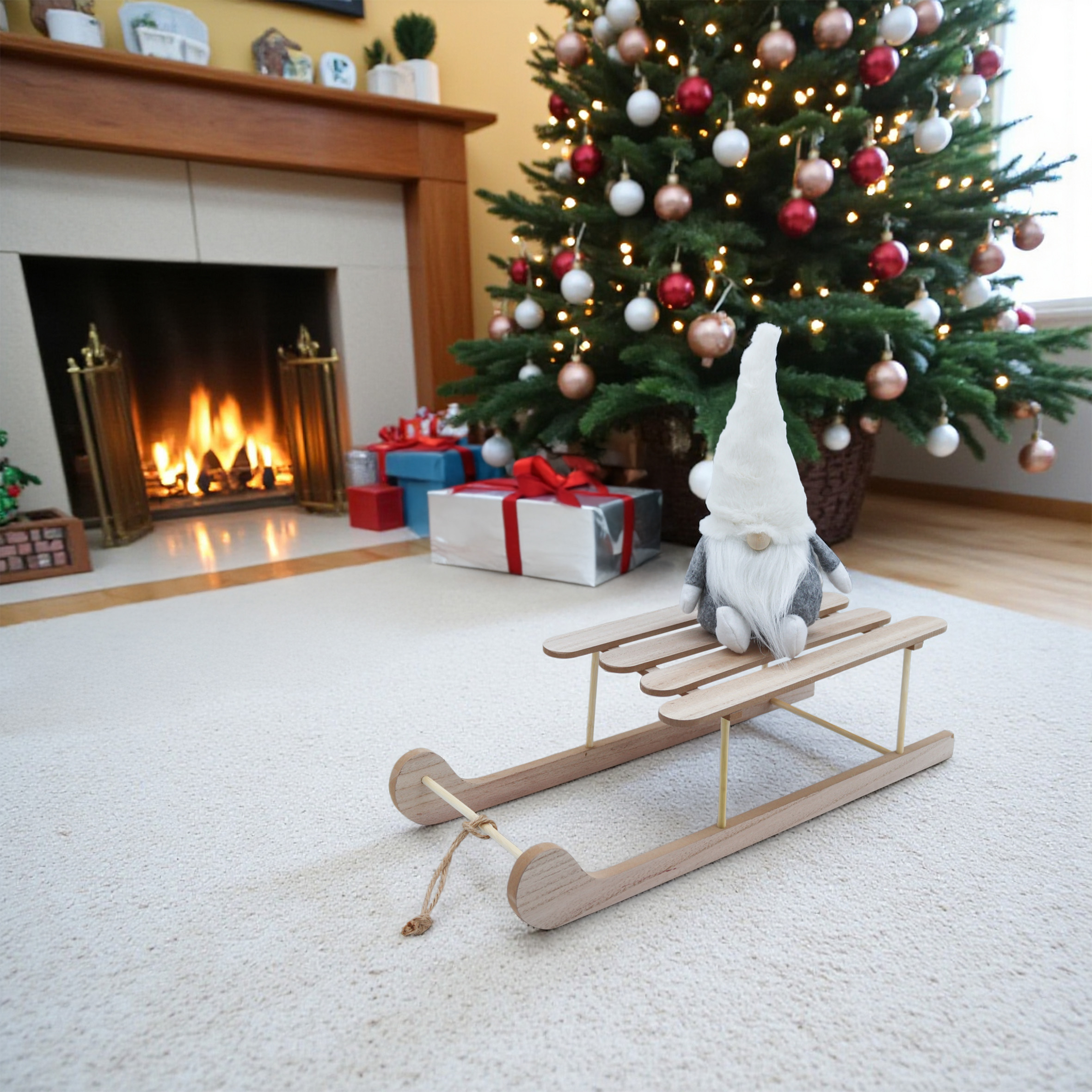 Holz Dekoschlitten natur mit Seil - 50 cm x 19 cm - Miniatur Deko Schlitten mit Naturkordel