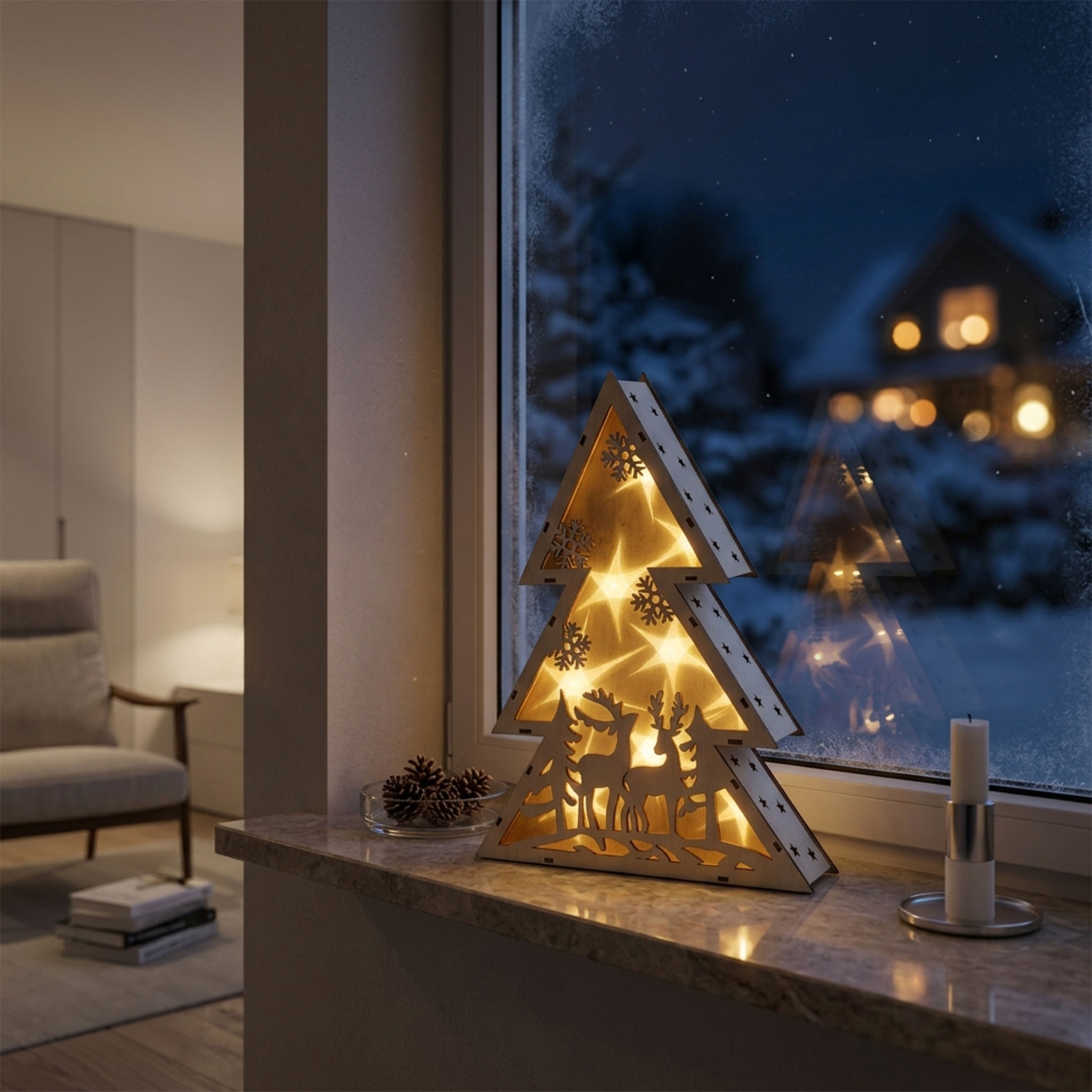 LED Tisch Aufsteller aus Holz 30 cm - 4 Motive wählbar - Weihnachts Deko Stern oder Tanne mit Weihnachts Motiven warm weiß beleuchtet