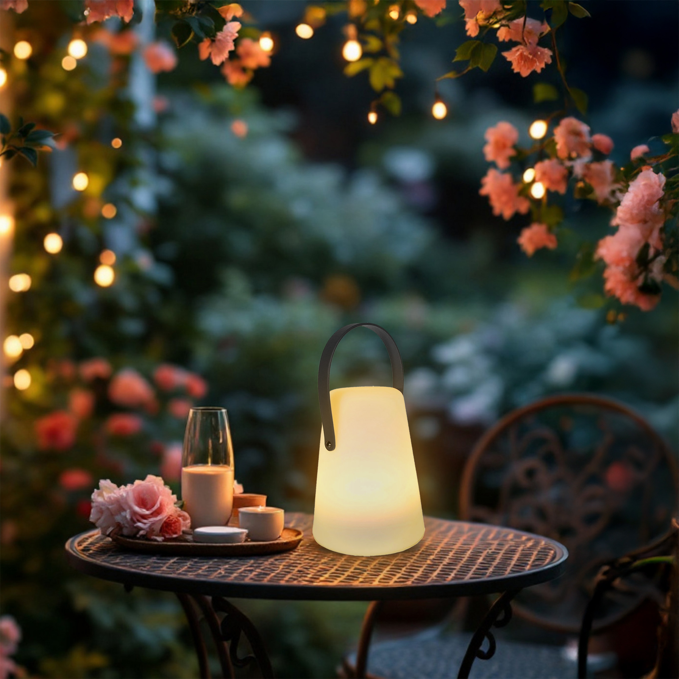 LED Tischlampe mit Lederband konisch rund - 14 x 10 cm - Garten Tisch Leuchte mit Timer