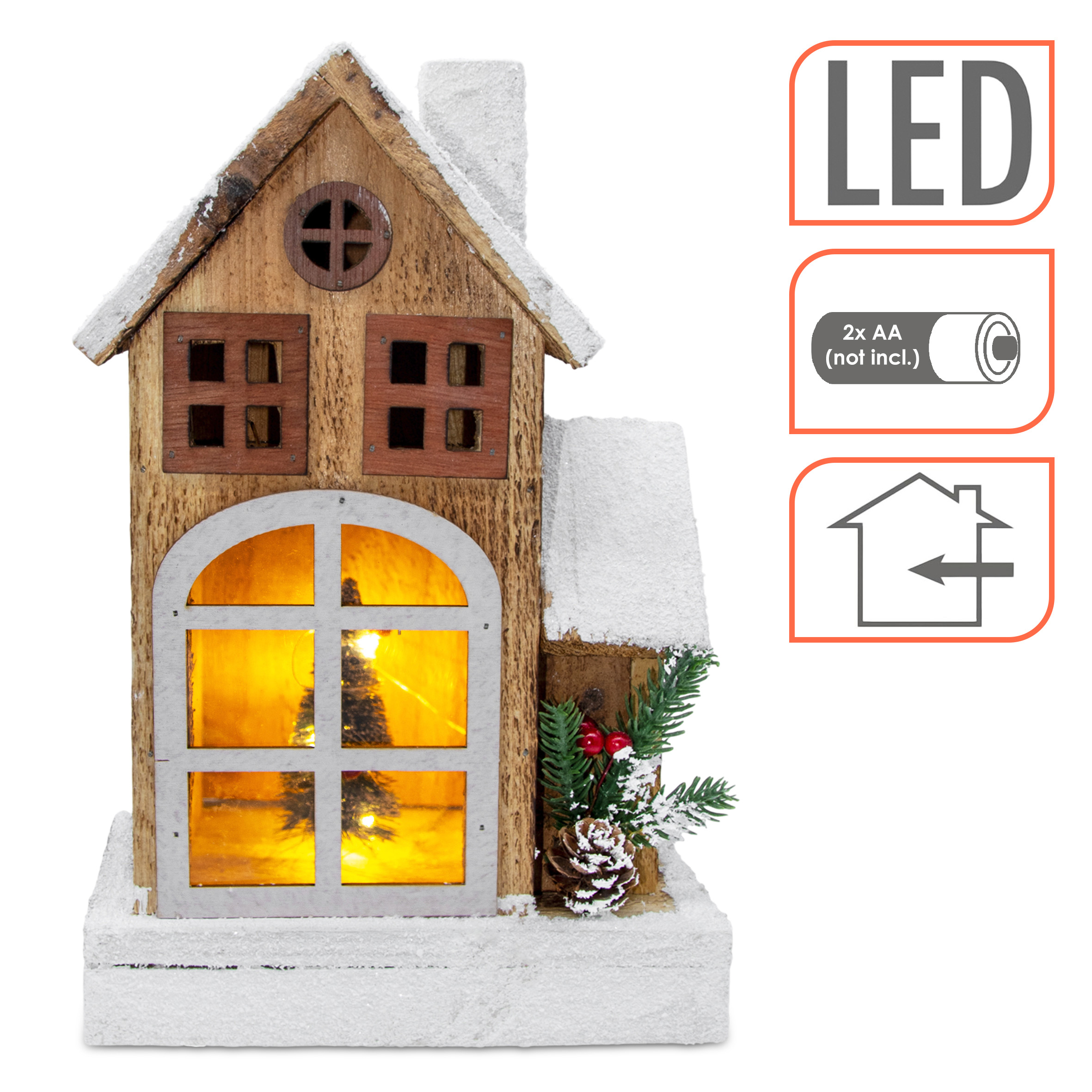 LED Holz Weihnachts Haus mit Schneedach - 29 cm - Lichterhaus Batterie betrieben