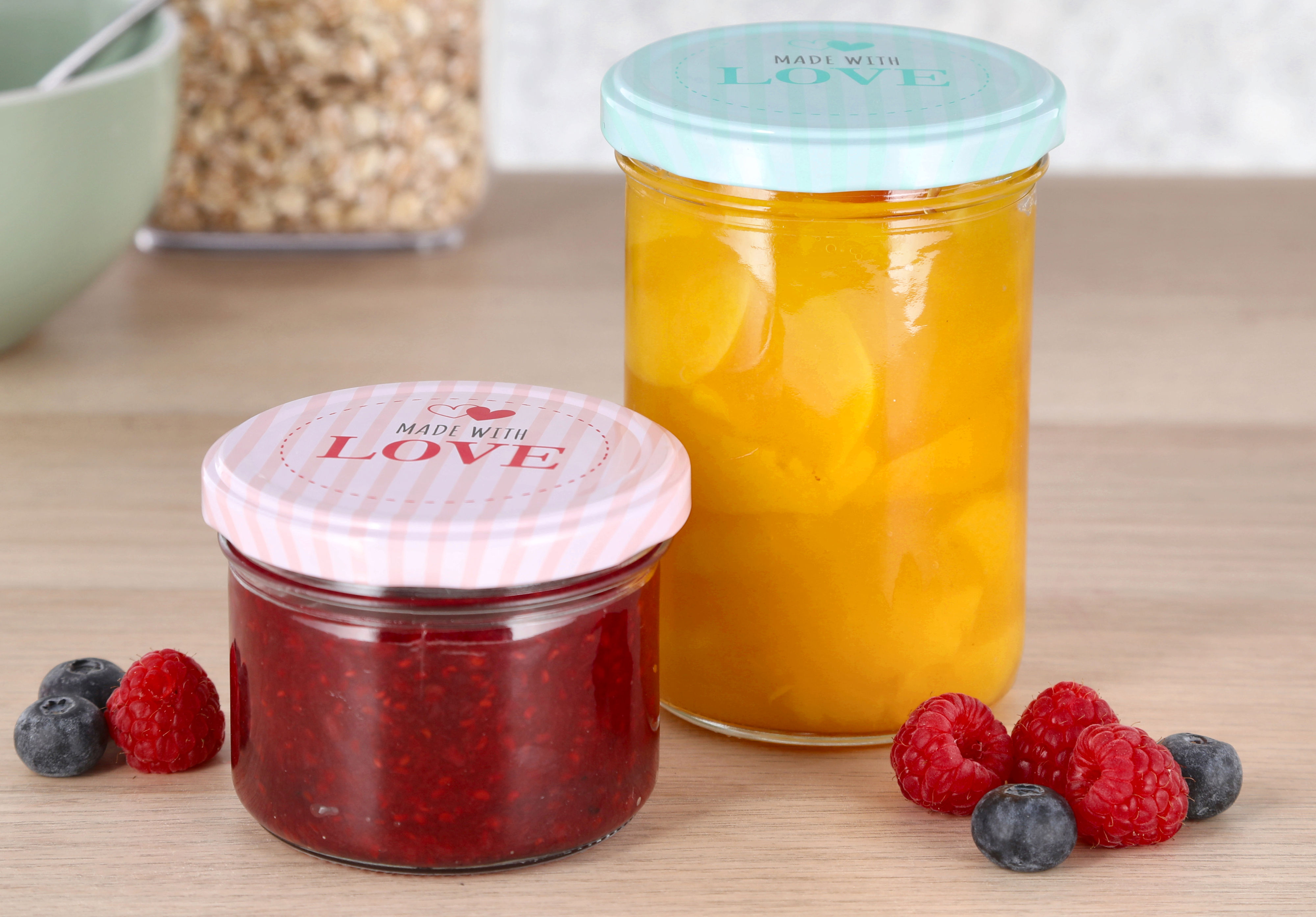 Marmeladenglas mit bedrucktem Metall Deckel - 6er Set - Einmachglas mit farbigem Schraubverschluss