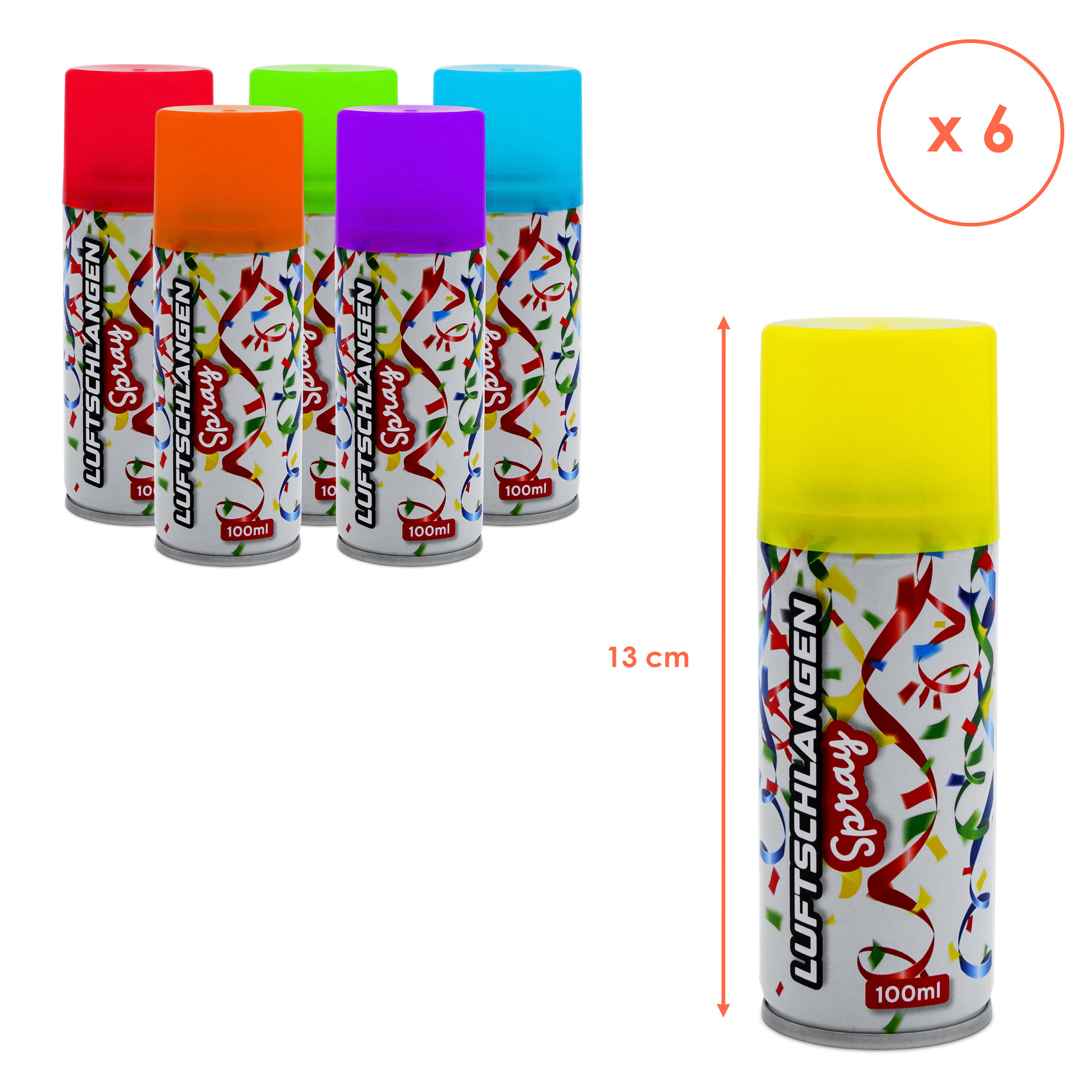 Luftschlangenspray 100 ml fluoreszierend - 6er Pack - Karneval Deko Sprüh Luftschlangen in 6 bunten Farben