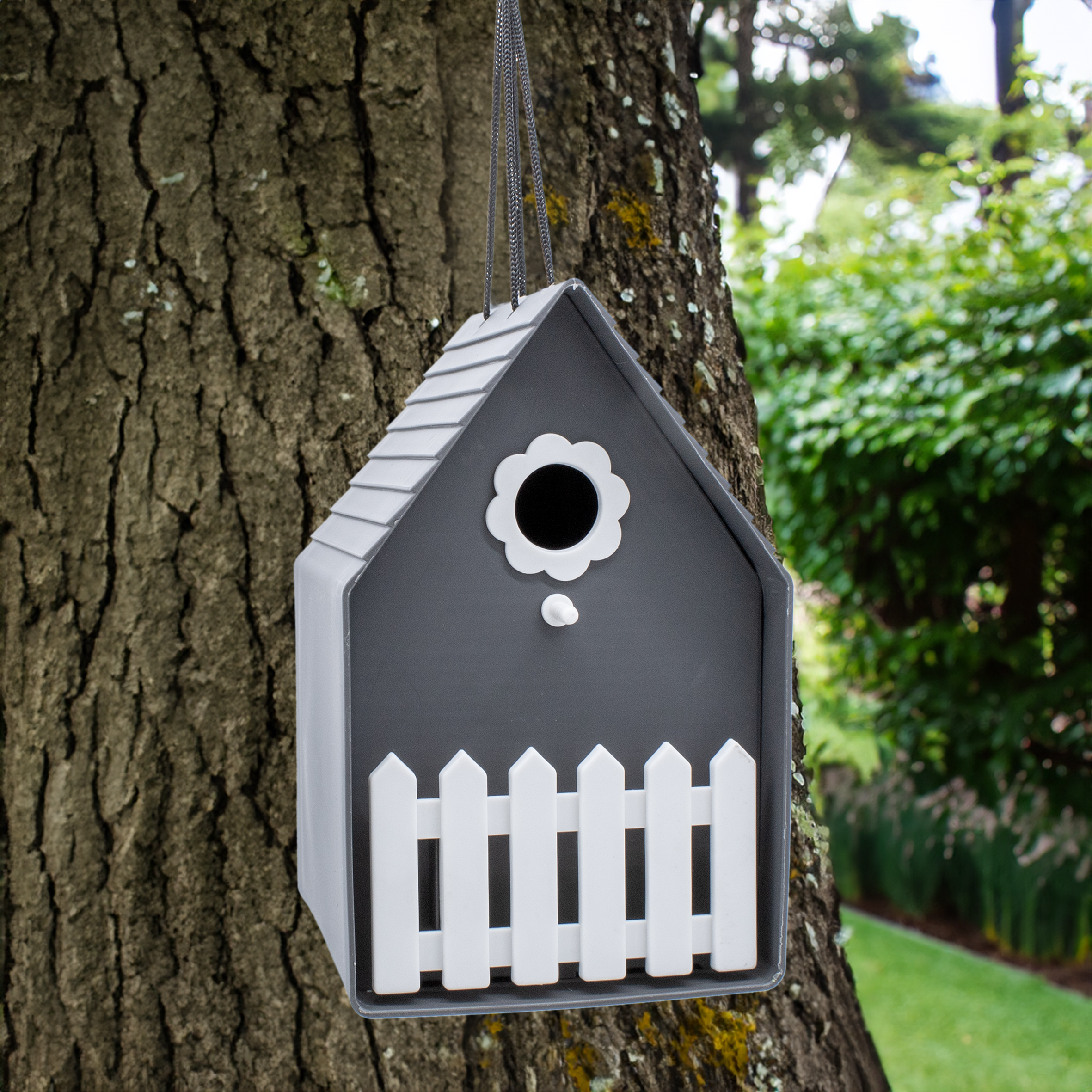 Kunststoff Vogelhäuschen zum Hängen 20 x 15 cm - anthrazit - Vogel Nistkasten mit kleiner Sitzstange