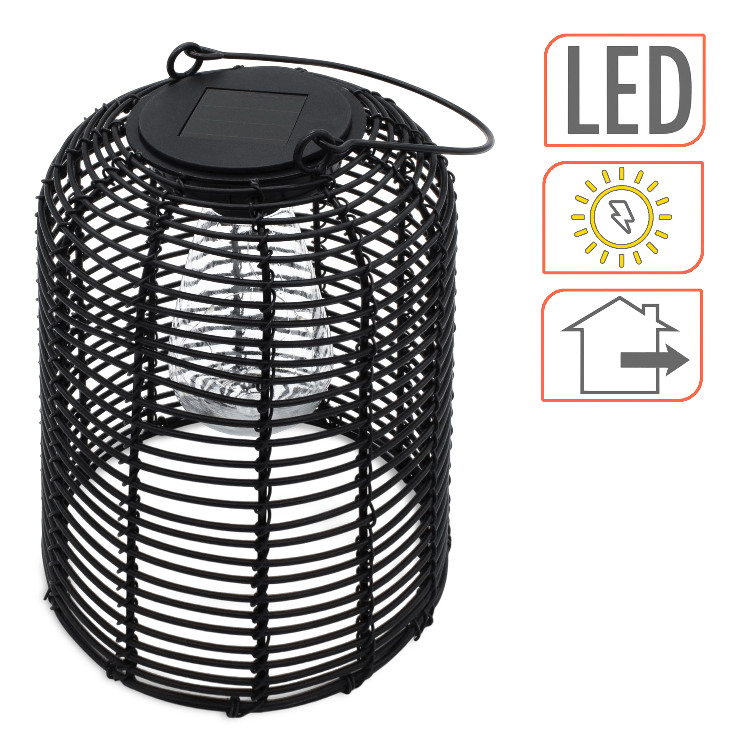 Solar Hängeleuchte in Rattan Optik schwarz mit LED Glühbirne - 20 x 16 cm - Deko Gartenlaterne zum Hängen warm weiß beleuchtet