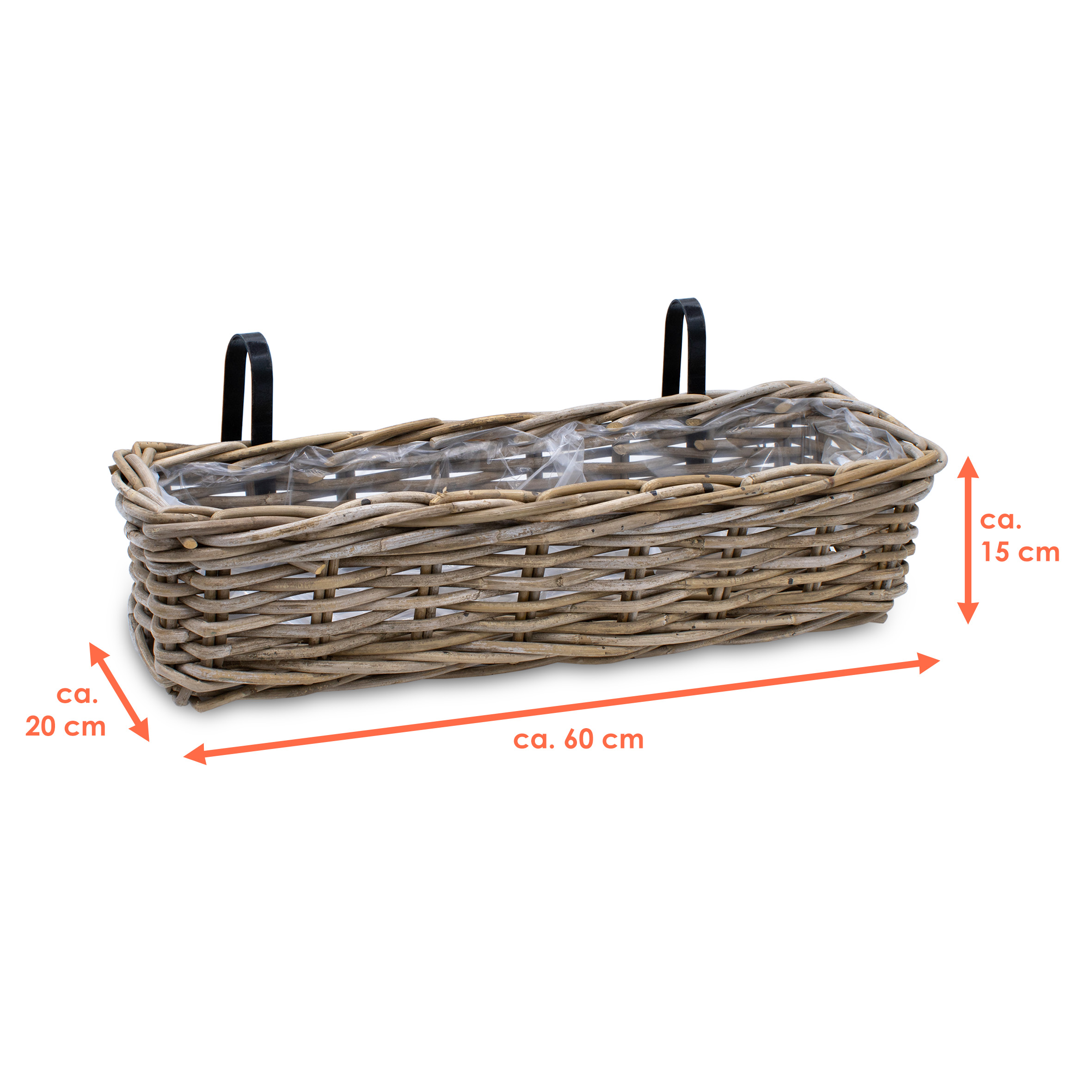 Rattan Balkonkasten natur 60 x 20 cm - 2er Set - Weide Pflanzkorb mit Halterung