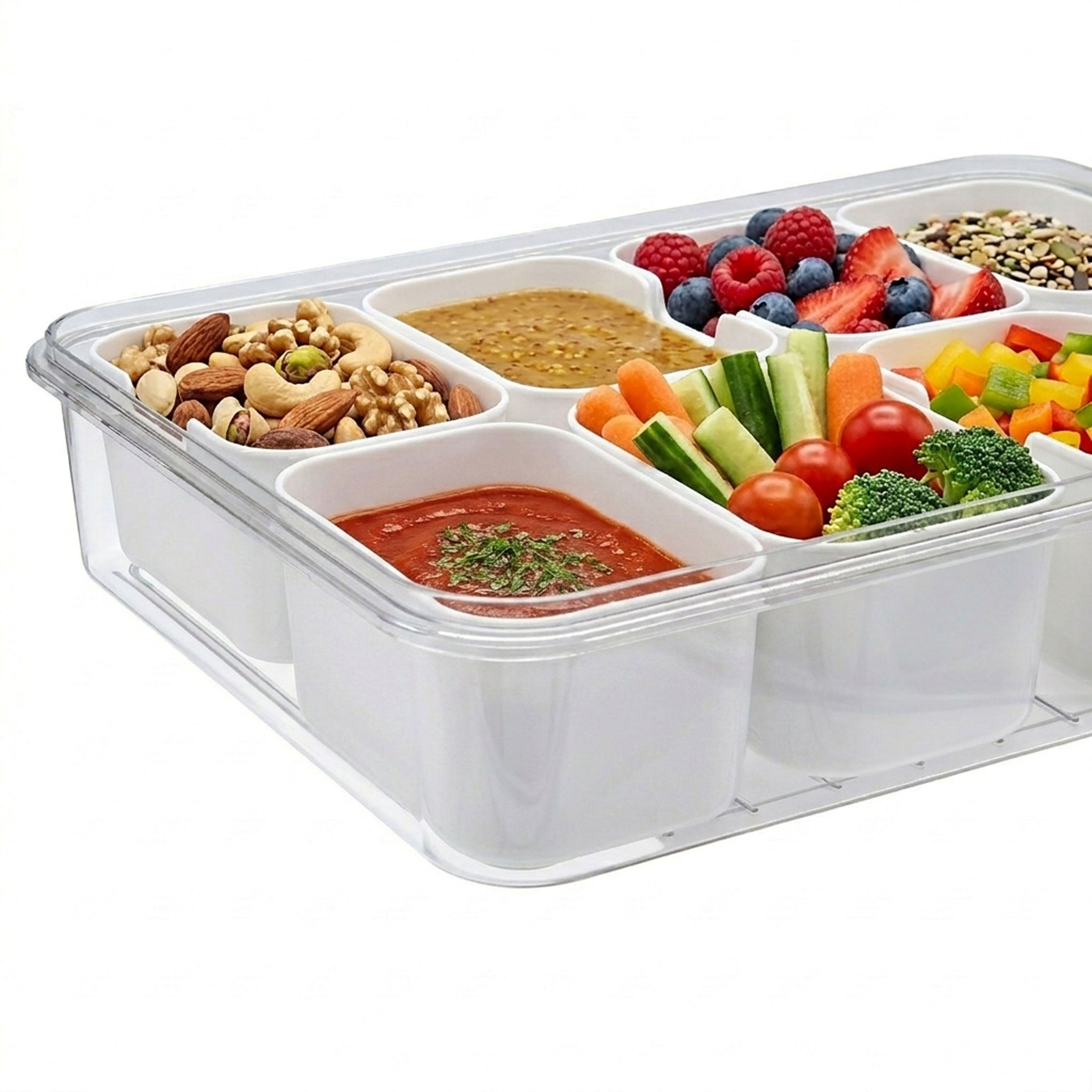 Kunststoff Snackbox auslaufsicher mit 8 Schalen und Deckel - 31 x 24 cm - Snack Transportbox luftdicht mit 8 Fächern
