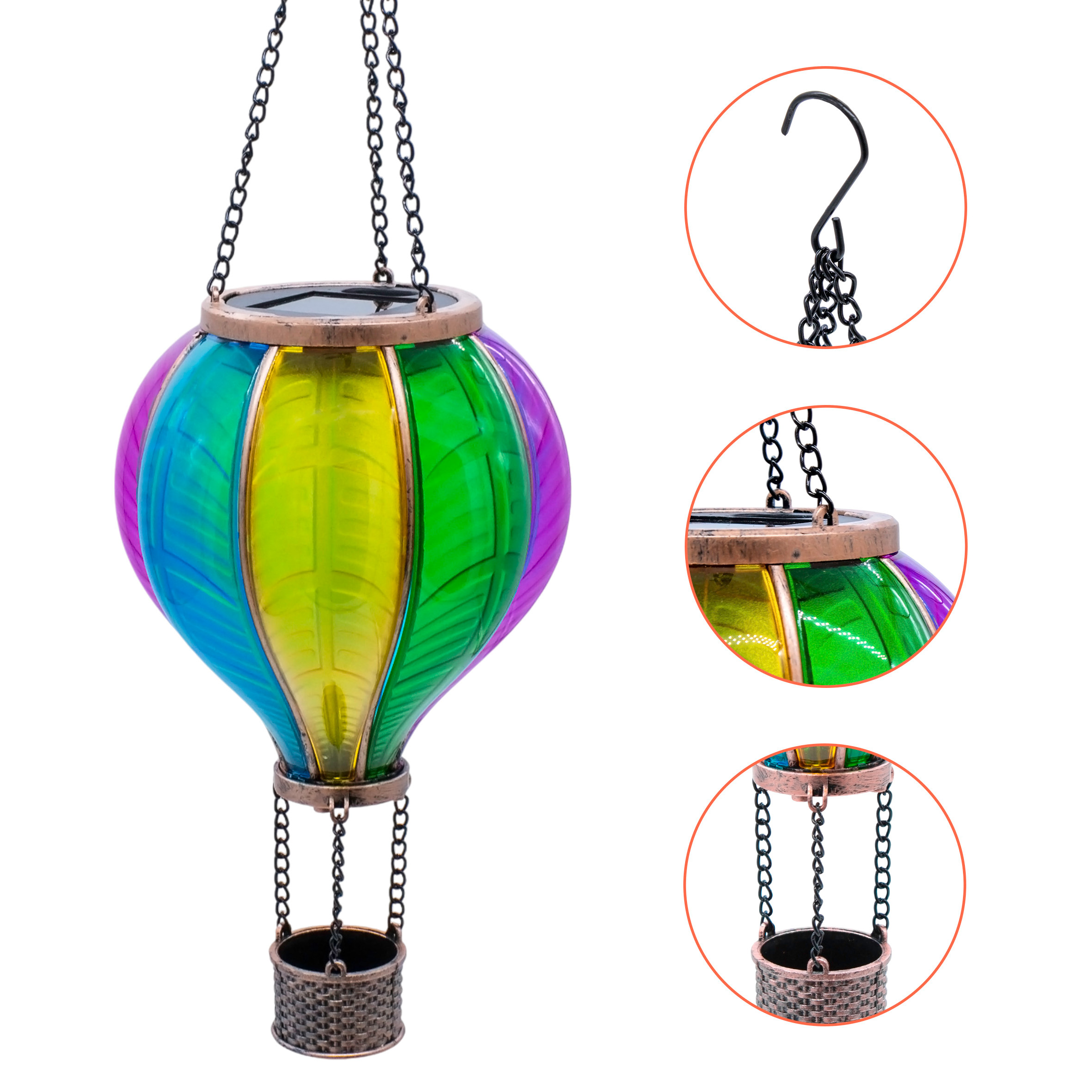 Solar LED Heißluftballon bunt zum Hängen - 45 cm - Garten Lichtspiel mit Flammen Effekt warm weiß