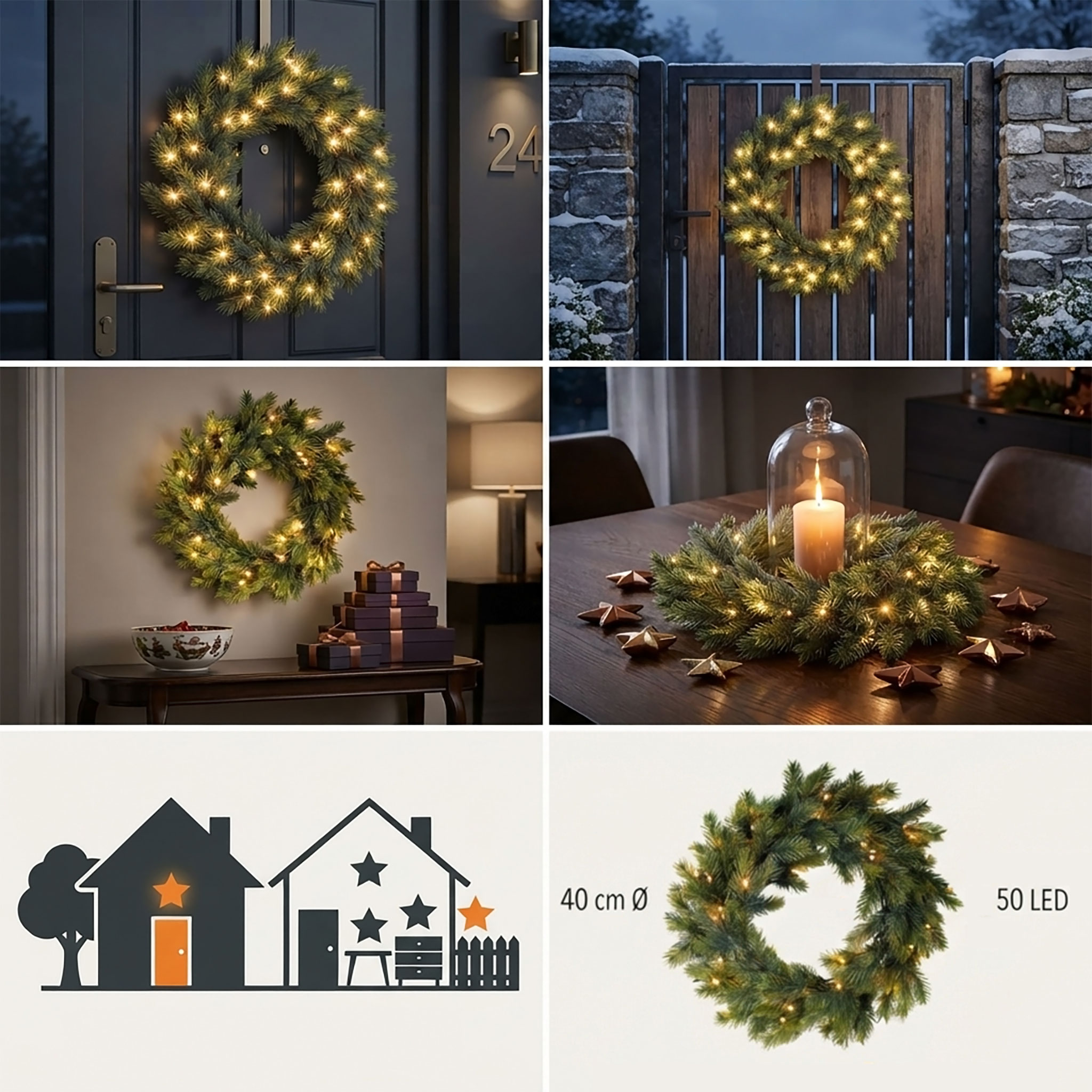 LED Spritzguss Tannenkranz batteriebetrieben mit Timer für Außen und Innen - 40 cm - Weihnachtskranz warm weiß beleuchtet mit naturgetreuen Kunst Tannenspitzen