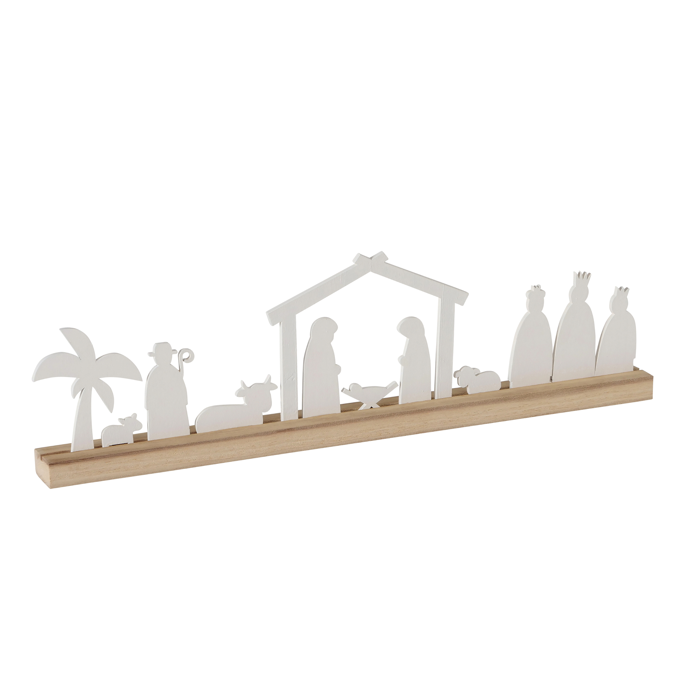 Holz Weihnachtskrippe Silhouette weiß natur - 50 x 14 cm - Weihnachts Deko Aufsteller Krippen Szene