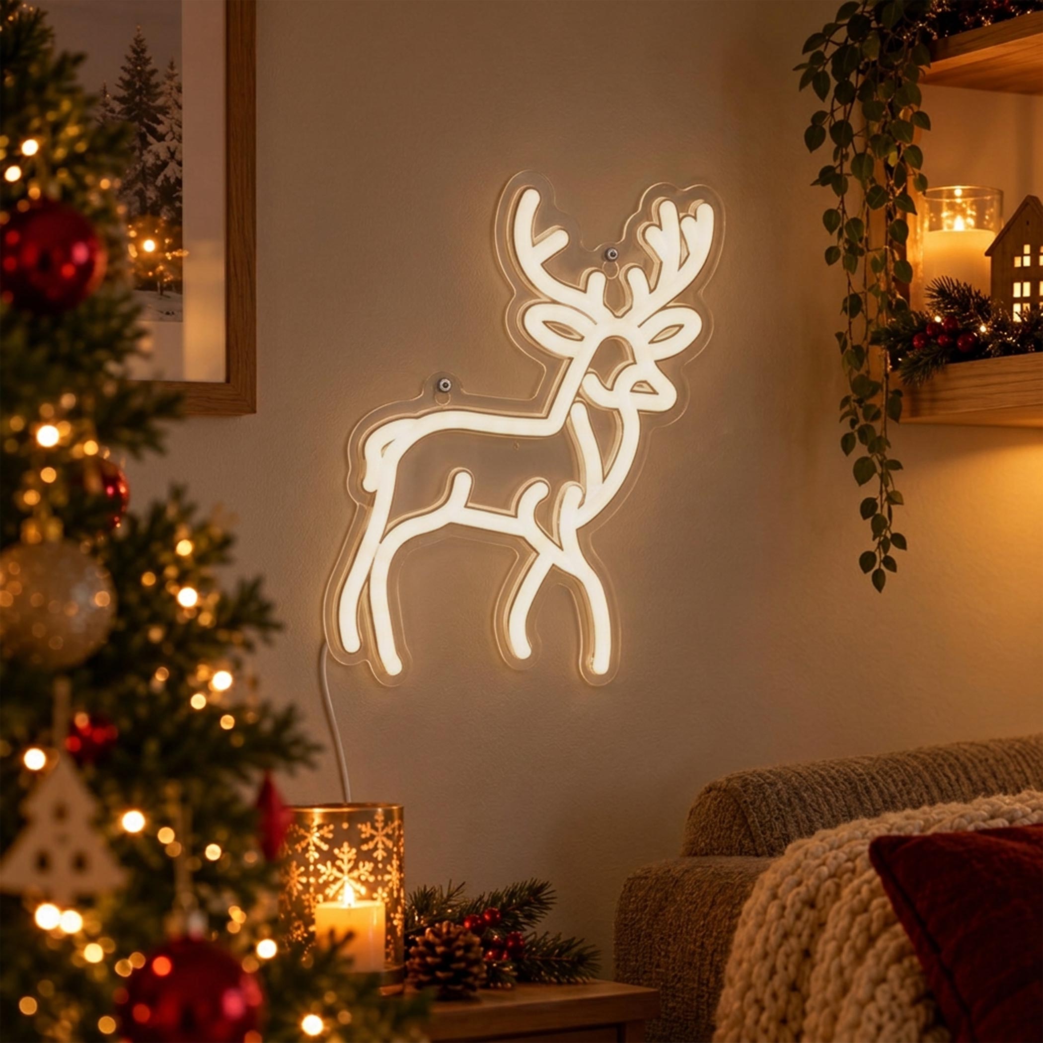 Neon Effekt Rentier Leuchte weiß mit USB Anschluss - 27 x 20 cm - Dekoleuchte Hirsch warmweiß zum Hängen oder Stellen