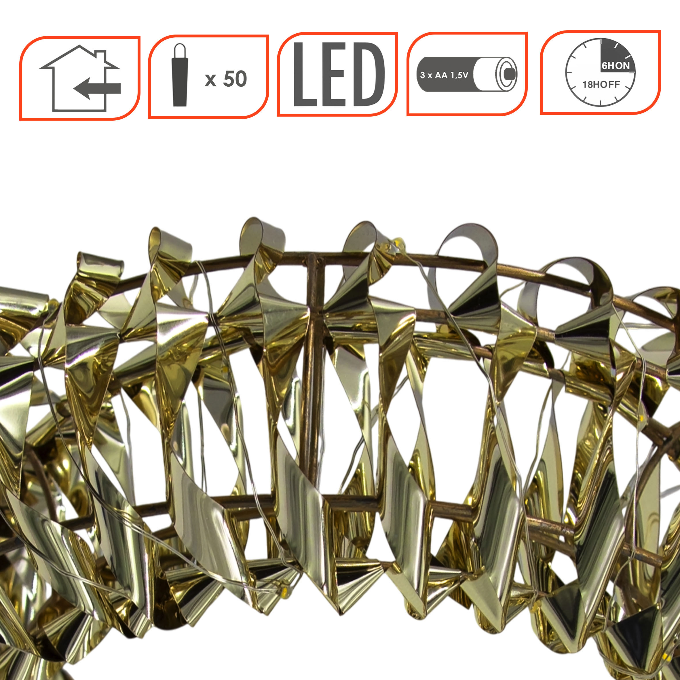 Goldener Ring mit 3D Effekt und Timer  - 30 cm - aus Metall mit LED Lichterkette umwickelt Batterie betrieben