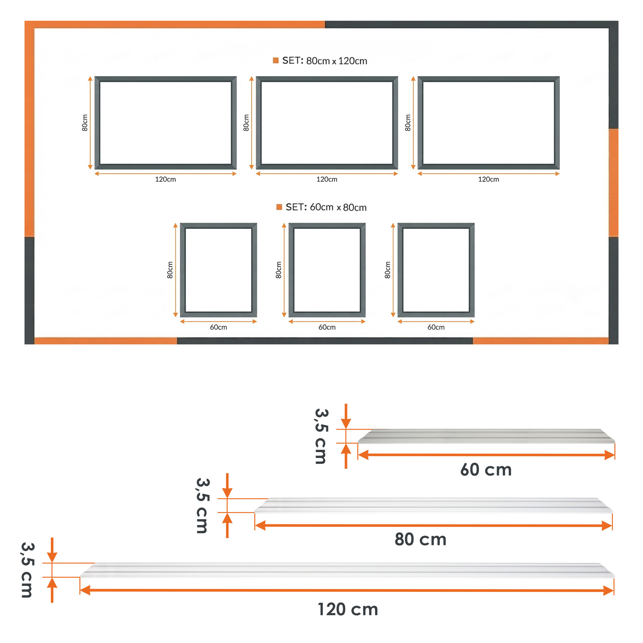 Zierleisten Set 24-teilig aus Polystyrol weiß vorgeschnitten - für 3x 80x60 cm & 3x 120x80 cm - Stuckleiste 24 Stück für Wand und Deckendekoration