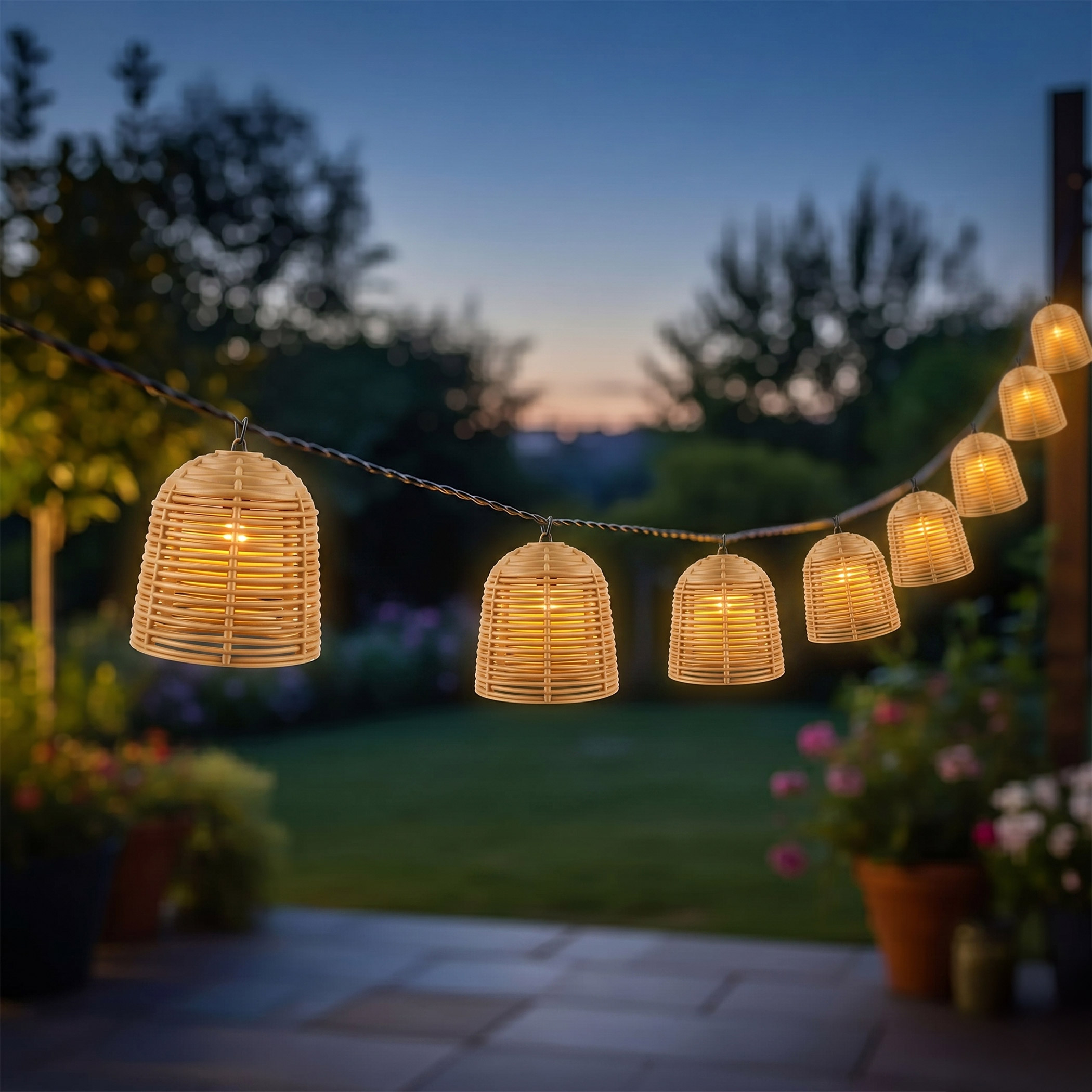 LED Solar Lichterkette 10 Lampions in Rattan Optik mit 7 Funktionen - 380 cm
