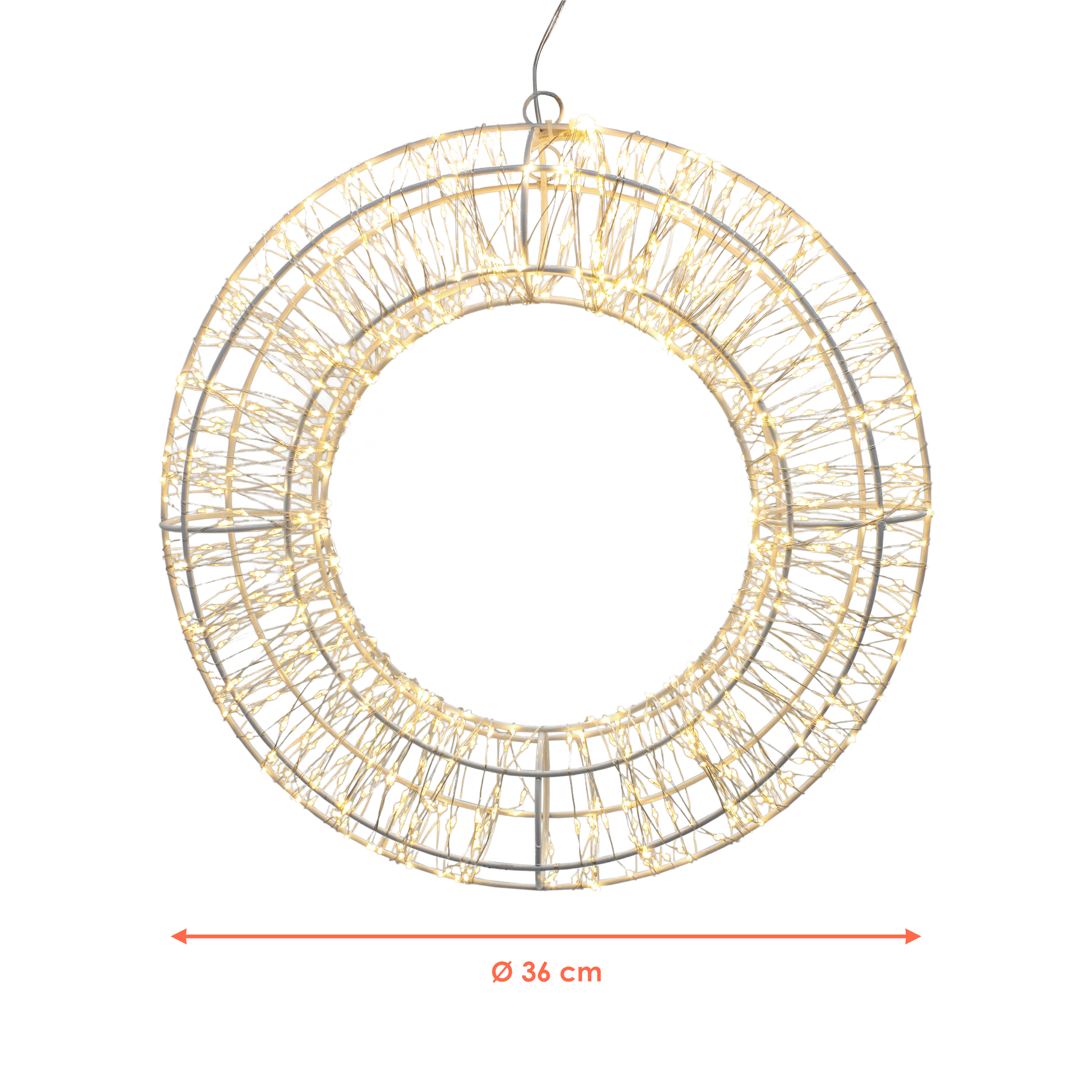 LED Metallkranz silber mit 960 LED in warm weiß - 36 cm - Deko Kranz zum Hängen für Außen mit Timer