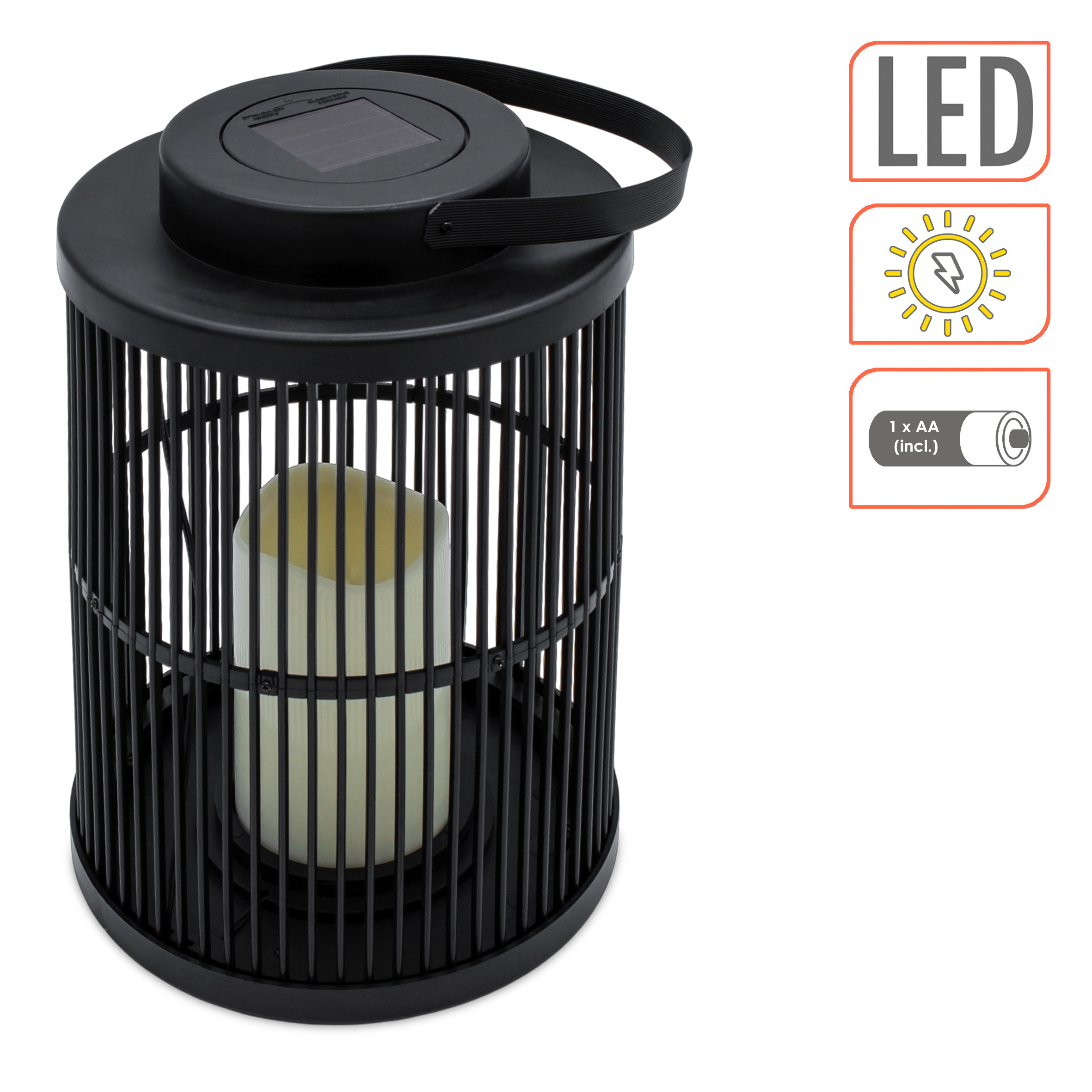 Solar Laterne rund mit LED Kerze - 23 x 18 cm - Gartenleuchte schwarz im Gitter Design