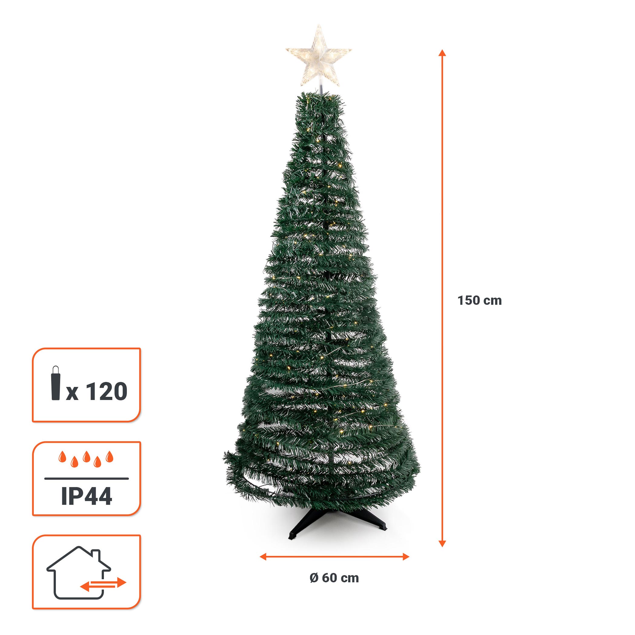 Spiral Weihnachtsbaum 150 cm mit 120 LED und Stern Spitze - grün oder silber - Künstlicher Tannenbaum warm weiß beleuchtet für Außen und Innen