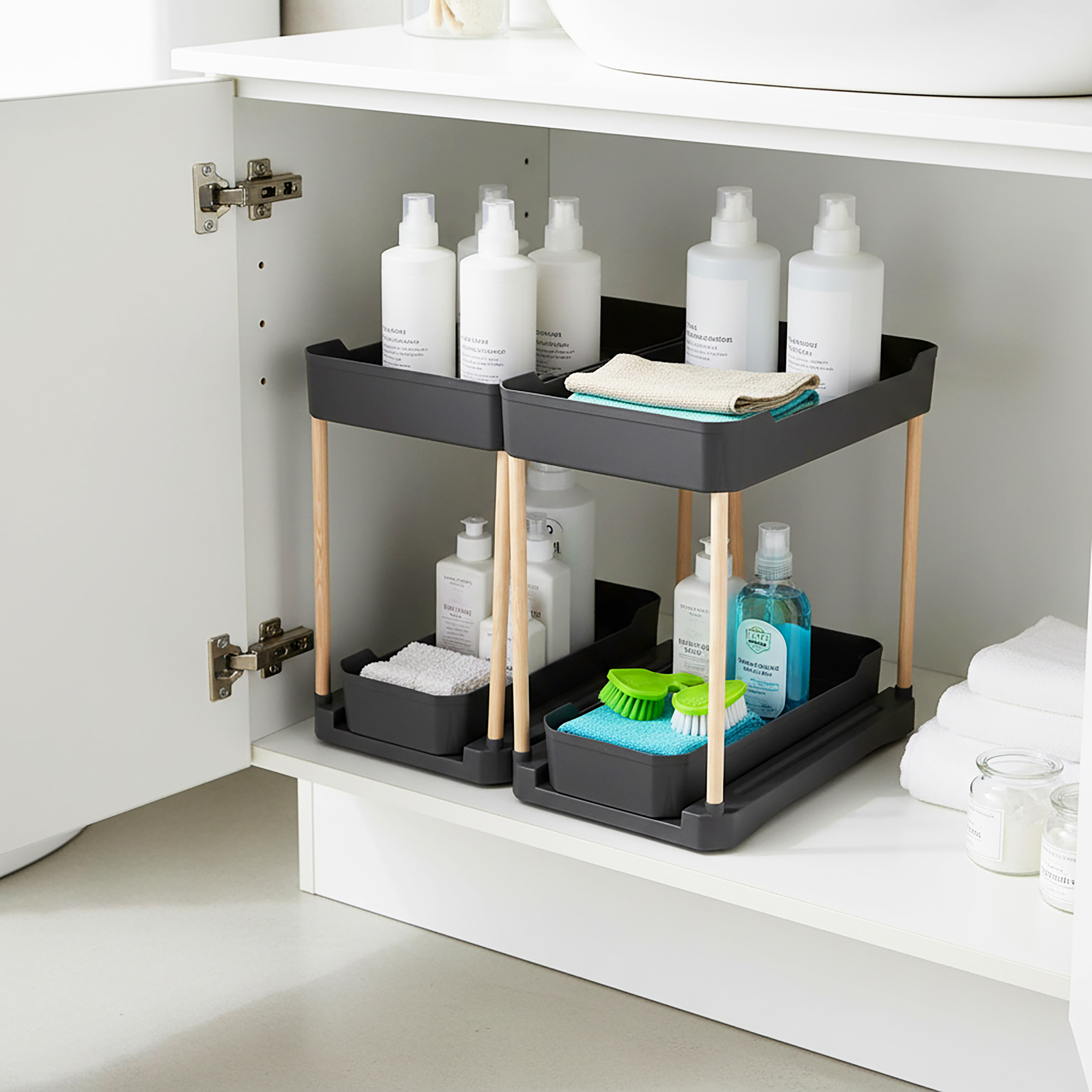 Schubladenturm mit 2 Ebenen 40 cm x 35 cm für Küchenschrank - schwarz - Unterschrank Organizer mit ausziehbarer Schublade