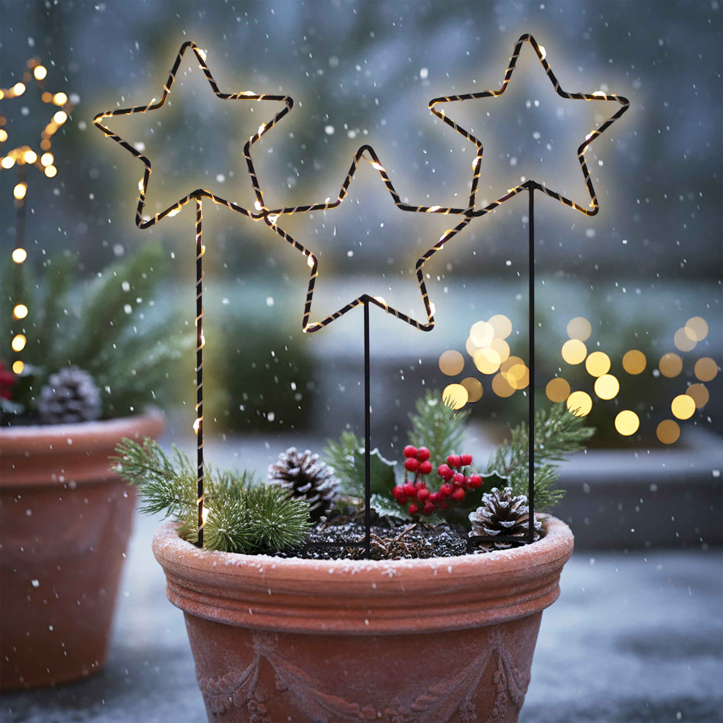 LED Gartenstecker Metall 3 Sterne mit Timer batteriebetrieben - 46 x 40 cm