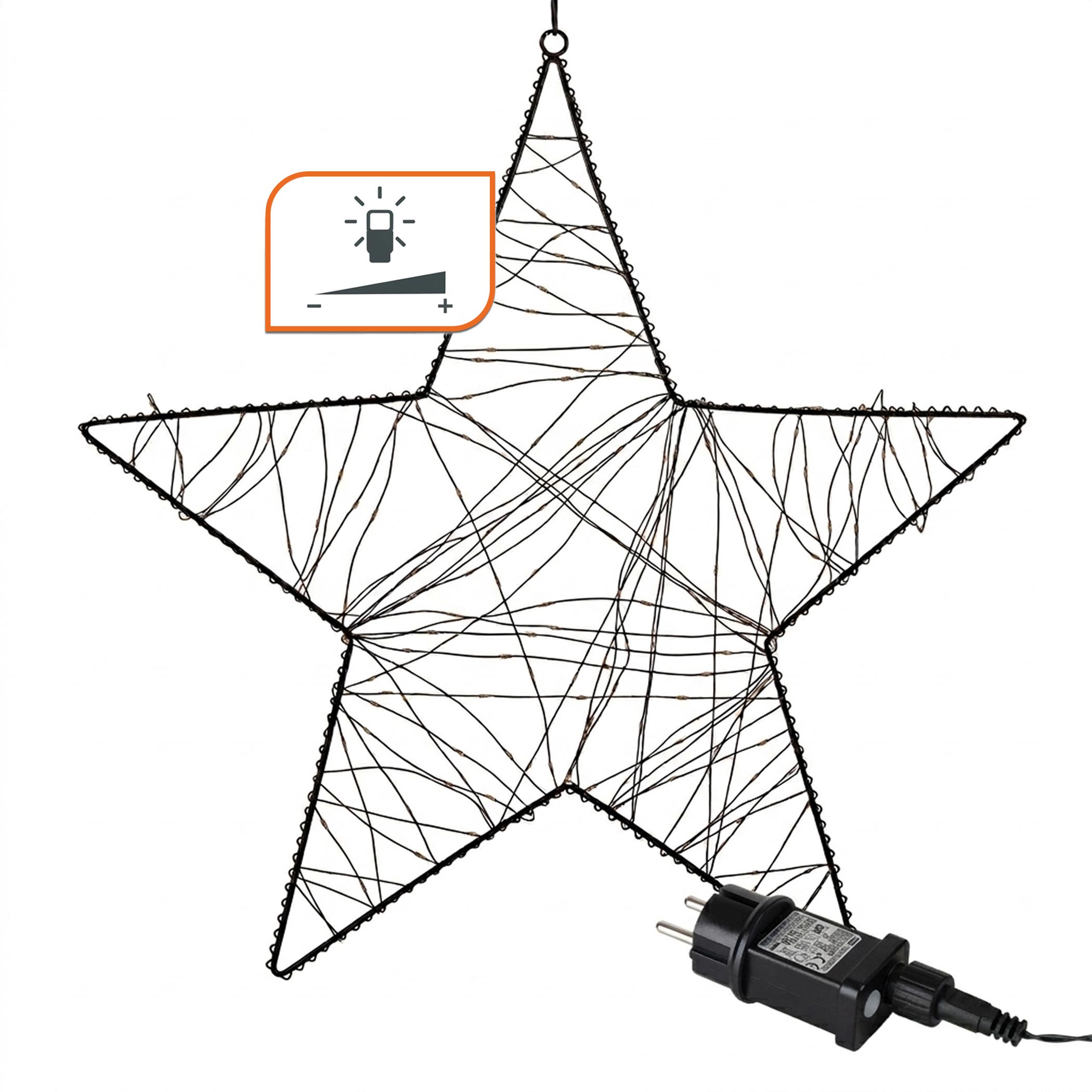 Metall Leuchtstern schwarz mit Twinkle Effekt dimmbar für Außen mit Timer - 30 cm - Stern Silhouette mit funkelnden 200 LEDs in warm weiß mit Netzteil