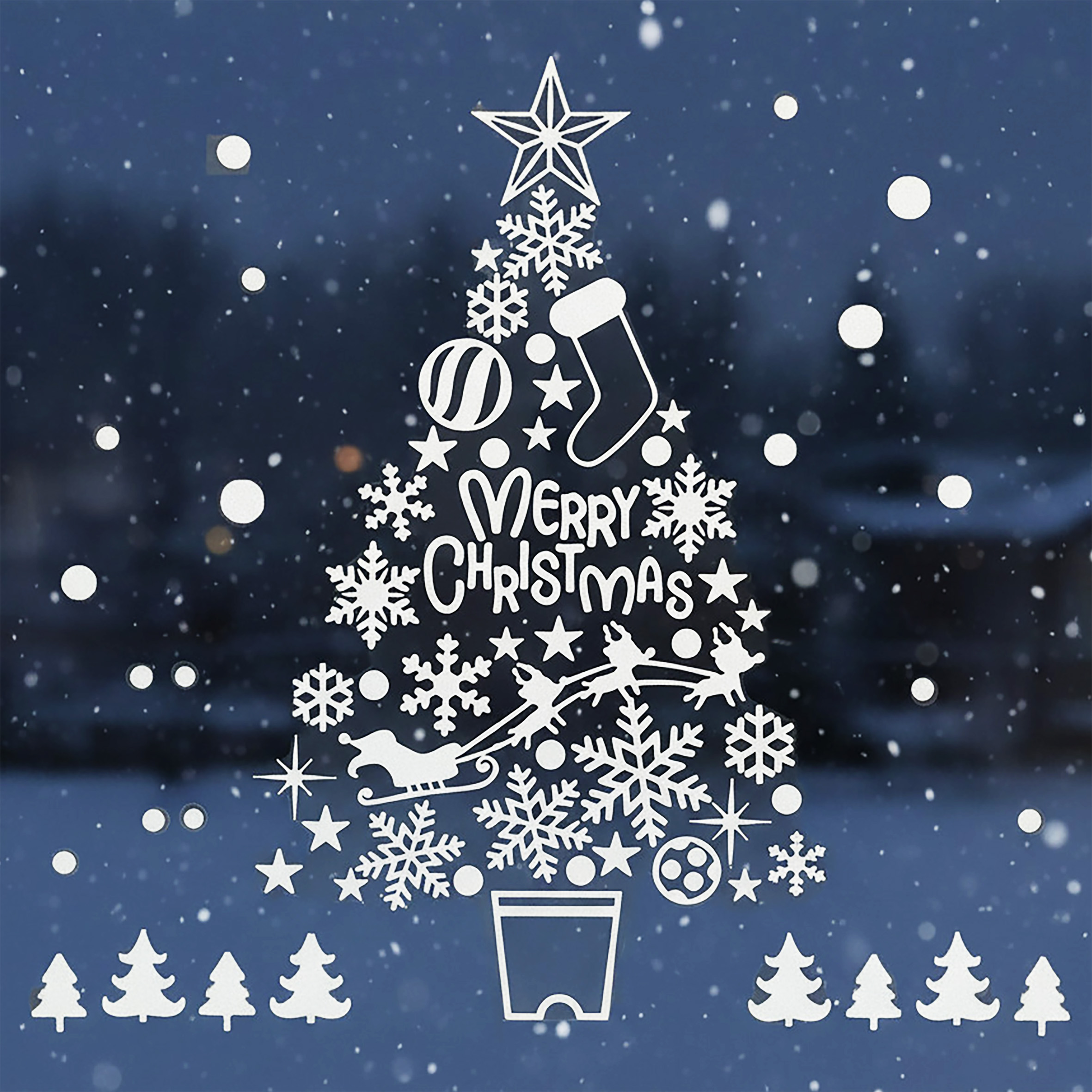 Weihnachts Fensterbilder selbstklebend 72 x 54 cm - 2er Set - Winter Fensteraufkleber Schneemann und Weihnachtsbaum