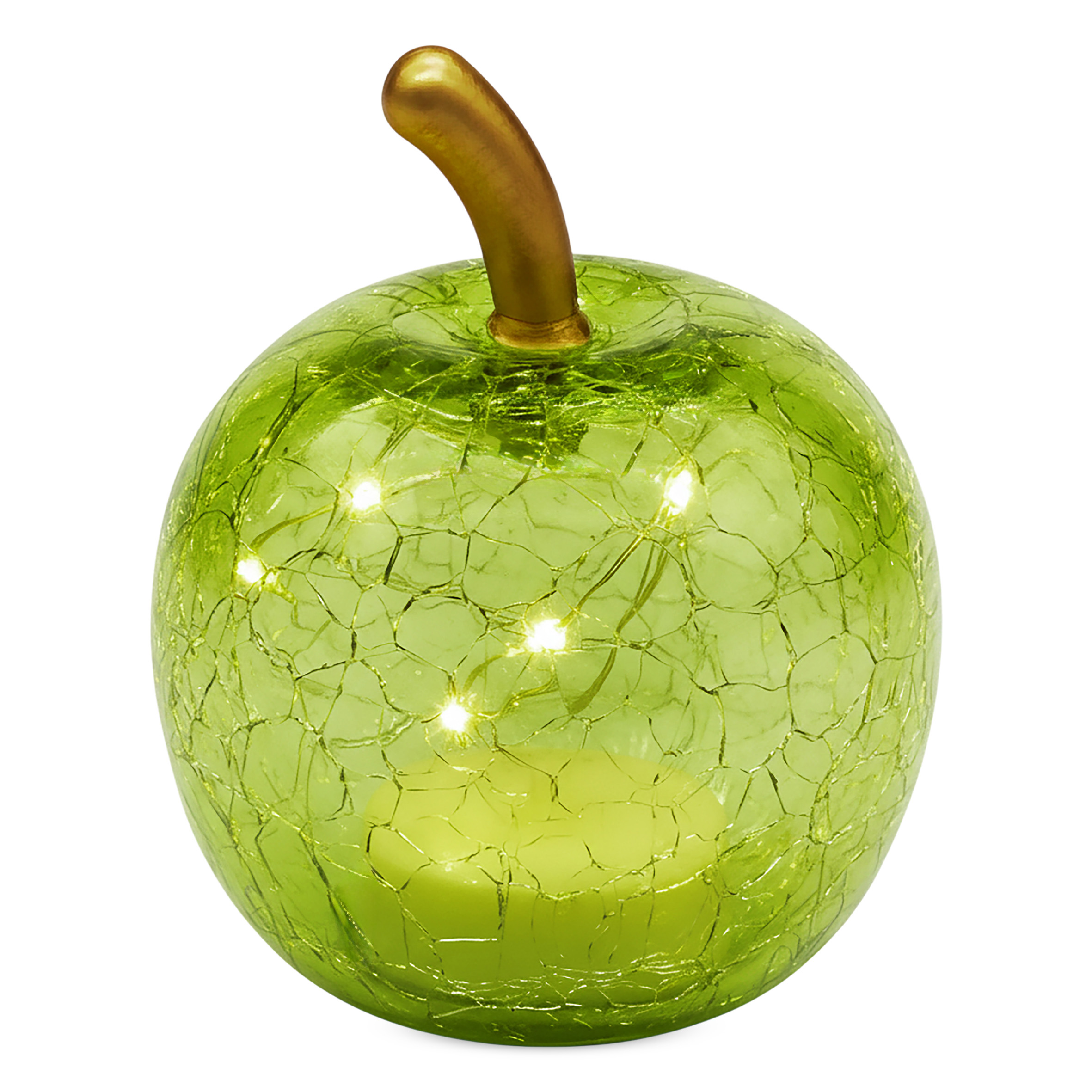 Mini Crackle Glas Apfel 7 cm mit 5 LED batteriebetrieben mit Timer - grün - Deko Frucht in Bruchglas Optik warm weiß beleuchtet