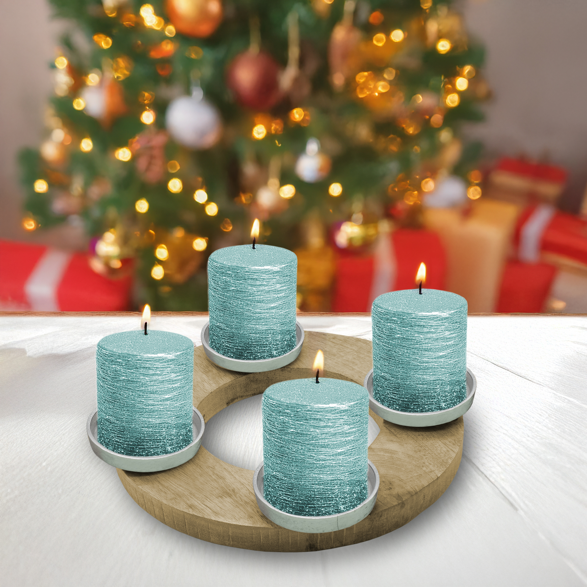 Mango Adventskranz für 4 Stumpenkerzen - Ø 27 cm - Holz Kerzenständer mit Alu Kerzentellern