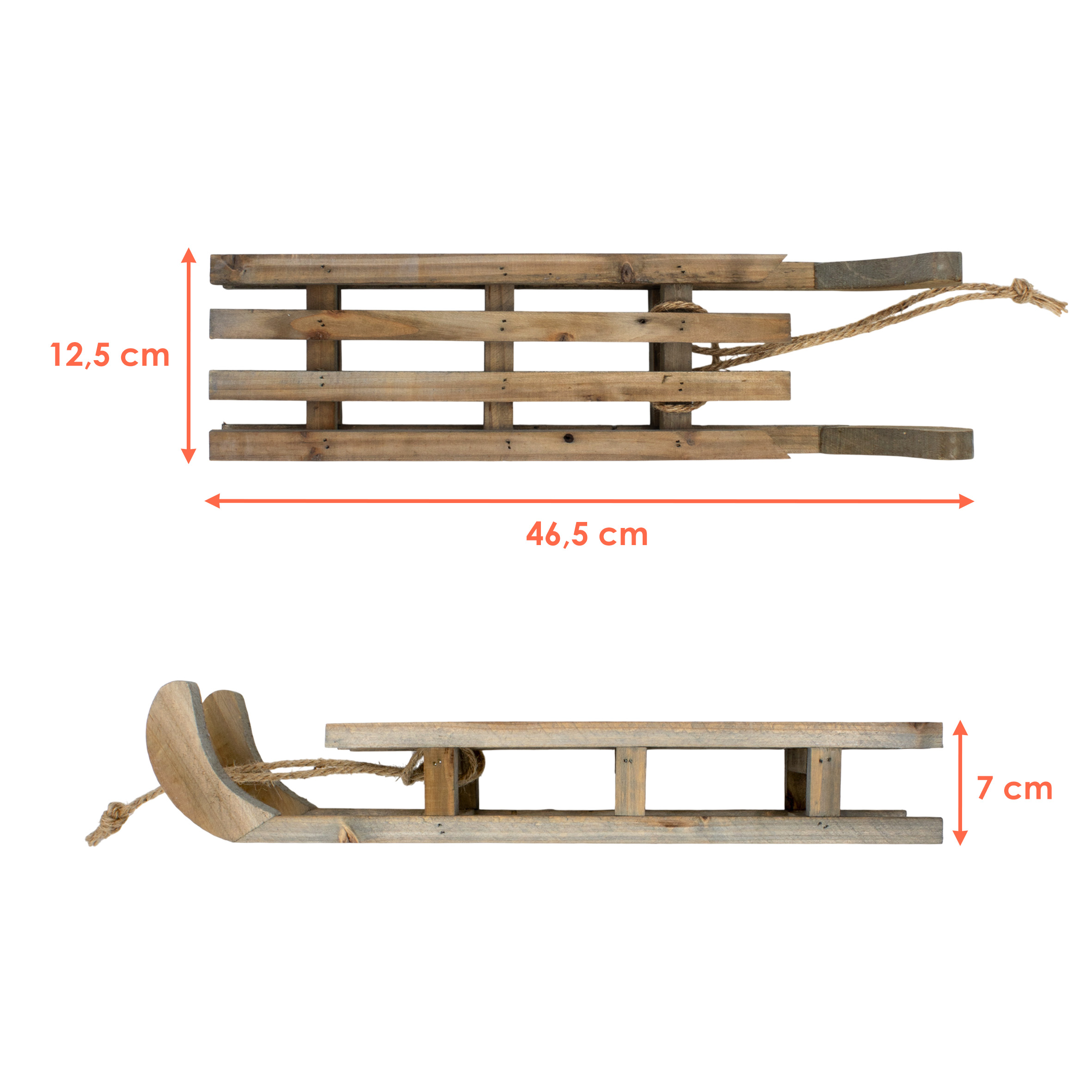 Dekoschlitten aus Holz natur mit Seil - 46 x 12 cm - Deko Holzschlitten mit Naturkordel