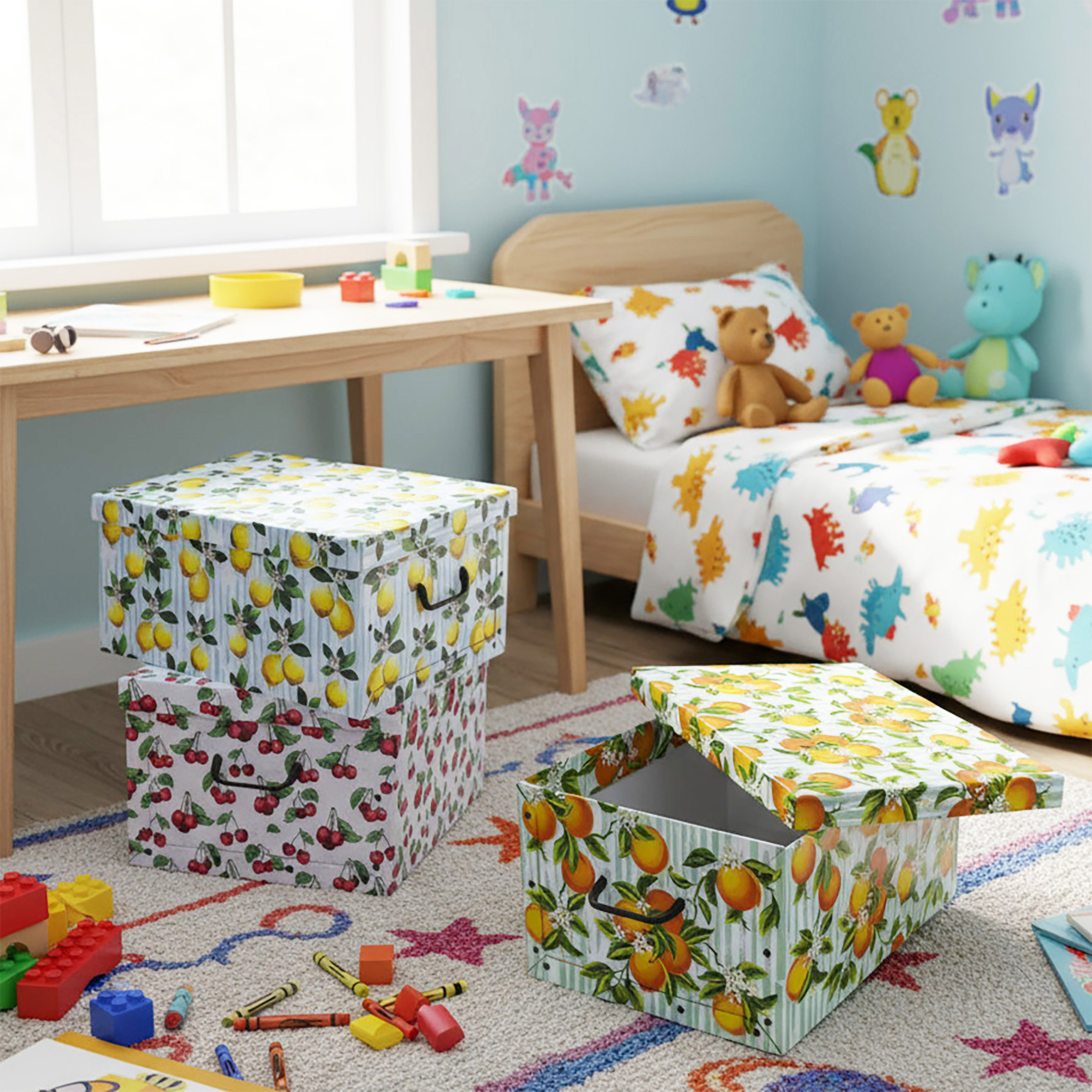 3er Set Aufbewahrungsbox mit Deckel 51 x 37 cm - Früchte - Stapelbox aus Pappe mit Griffen 45 Liter