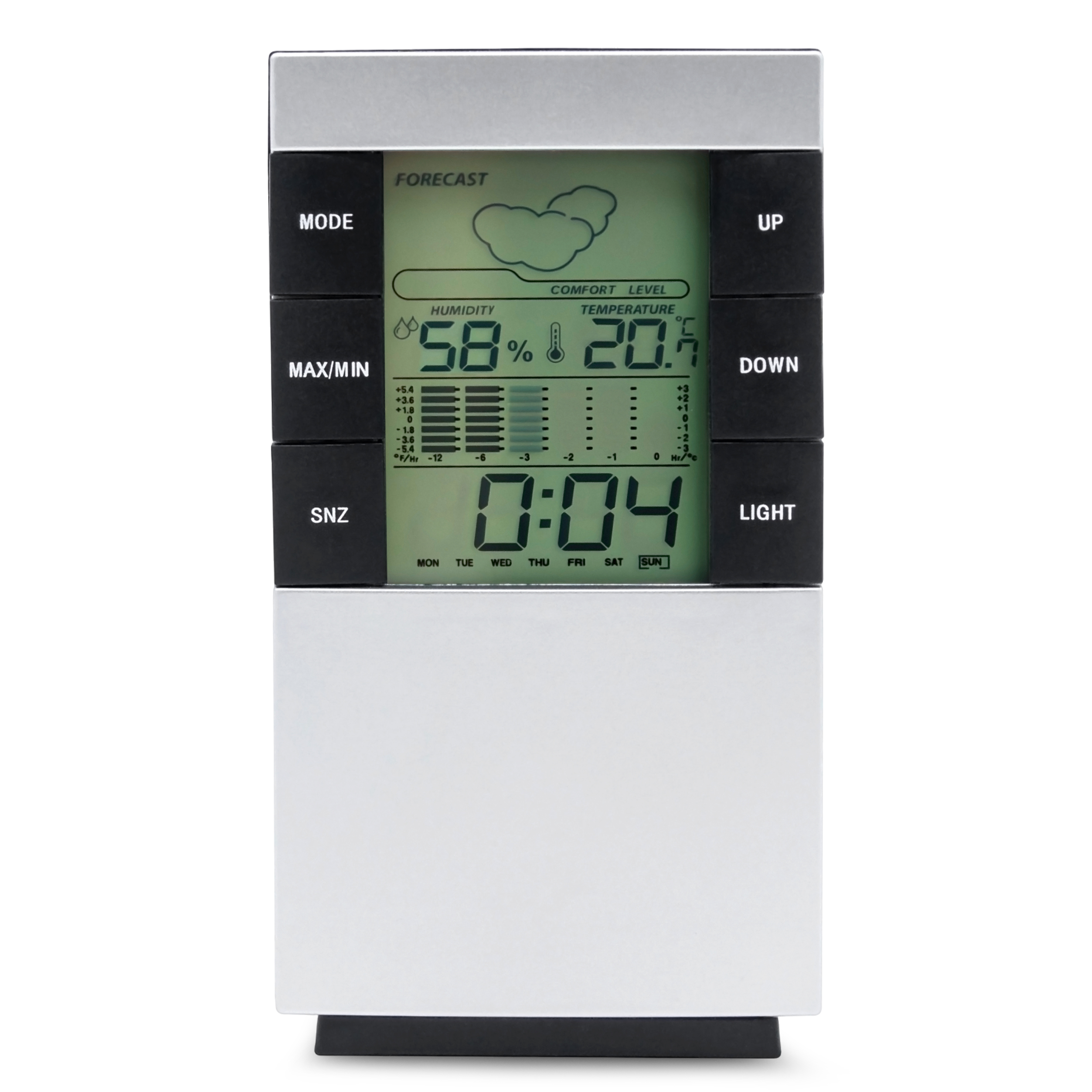 Digitale Wetterstation 5in1 silber für Innenräume zum Hängen oder Aufstellen - 14 x 8 cm - Hygrometer mit Uhr Wecker und Wettervorhersage batteriebetrieben