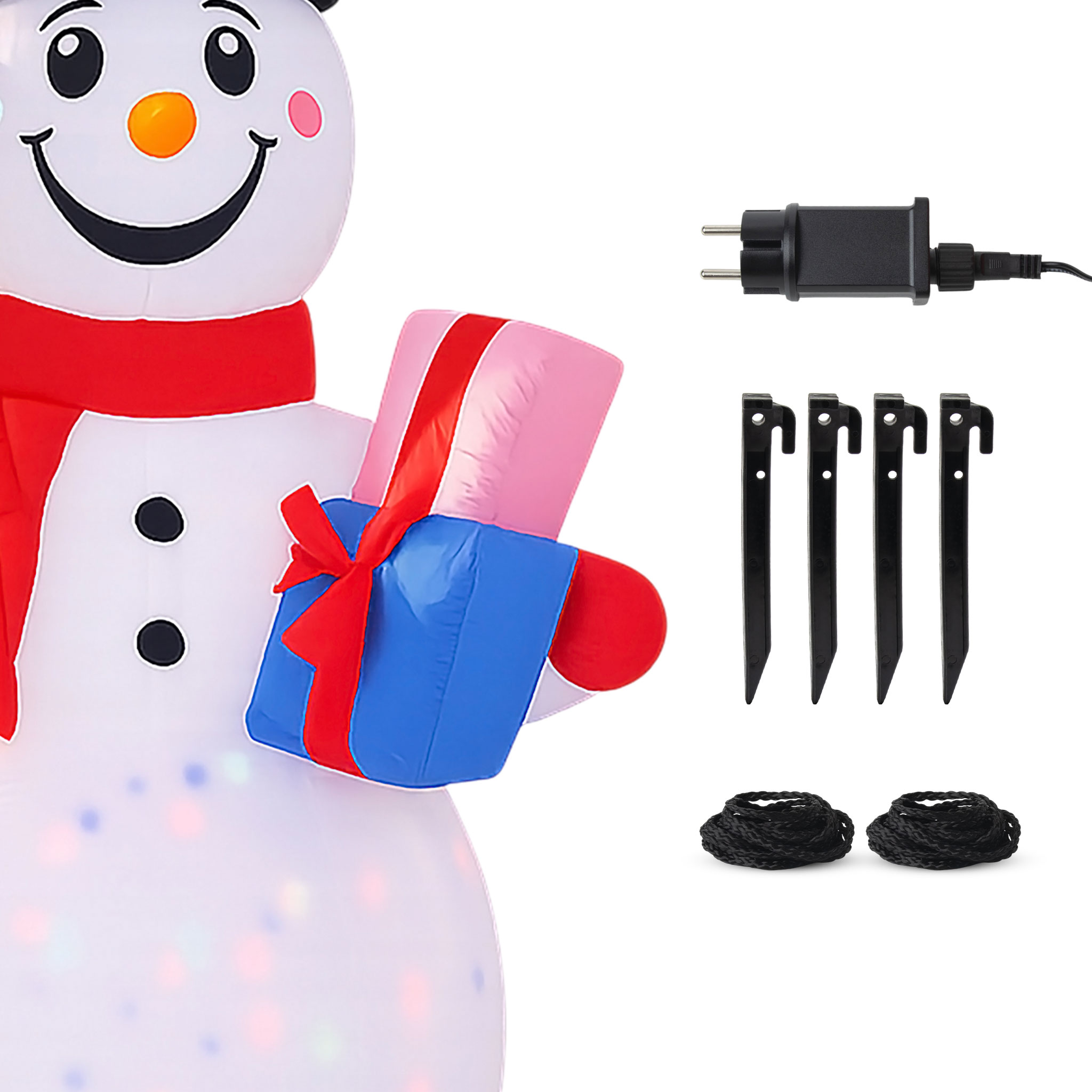 Aufblasbarer XL Schneemann mit LED Beleuchtung und Stecker für Außen und Innen - 200 x 130 cm - Riesen Schneefigur selbstaufblasend bunt beleuchtet