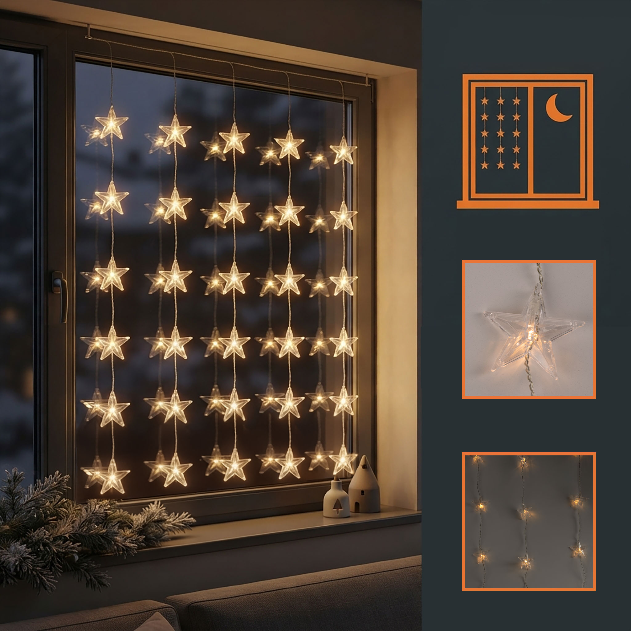 LED Sternen Lichtervorhang warm weiß - 100 cm - Deko Lichterkette mit 30 LED für Innen