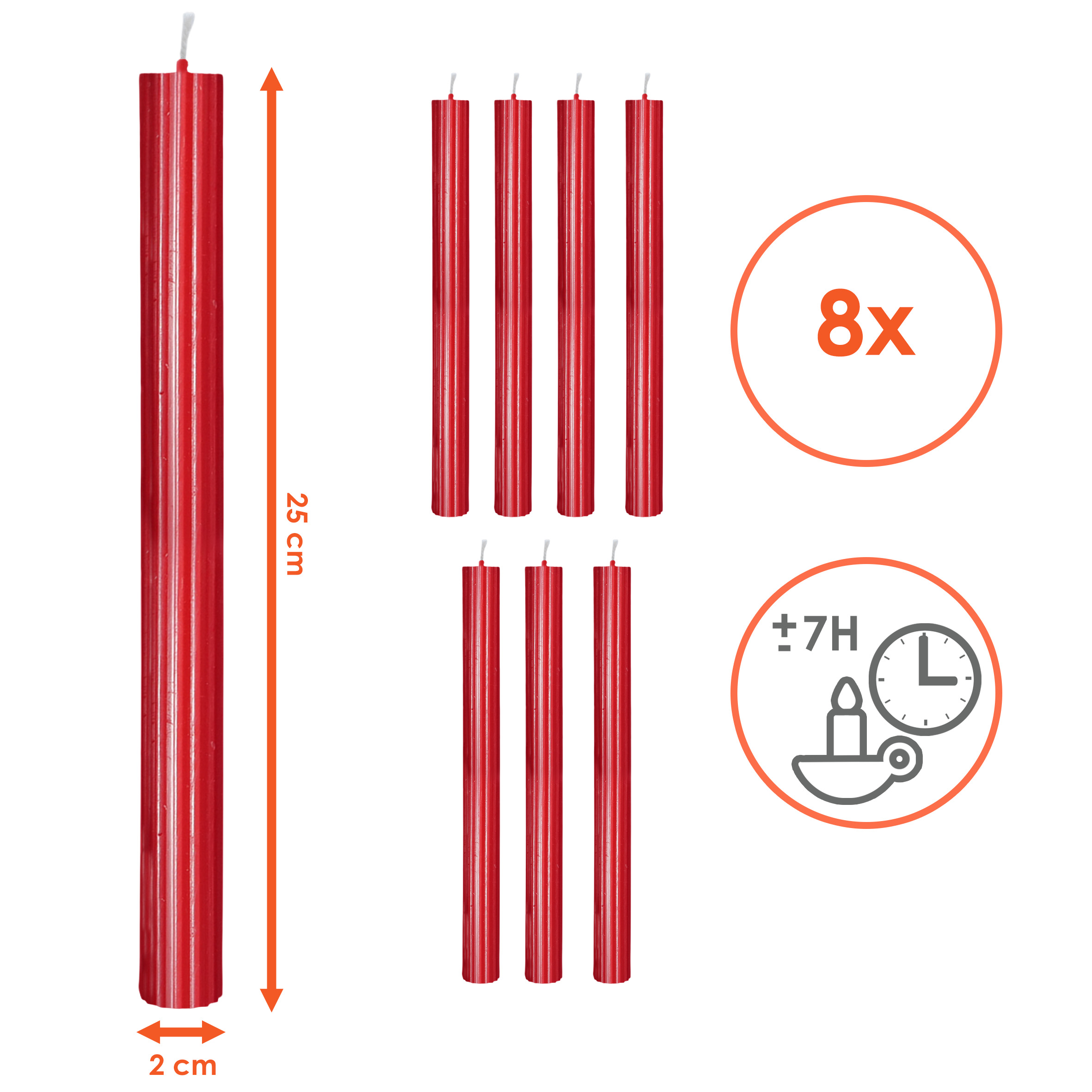 Echtwachs Stabkerzen geriffelt 8er Pack - rot - Festtags Tafelkerzen Set 25 cm Höhe