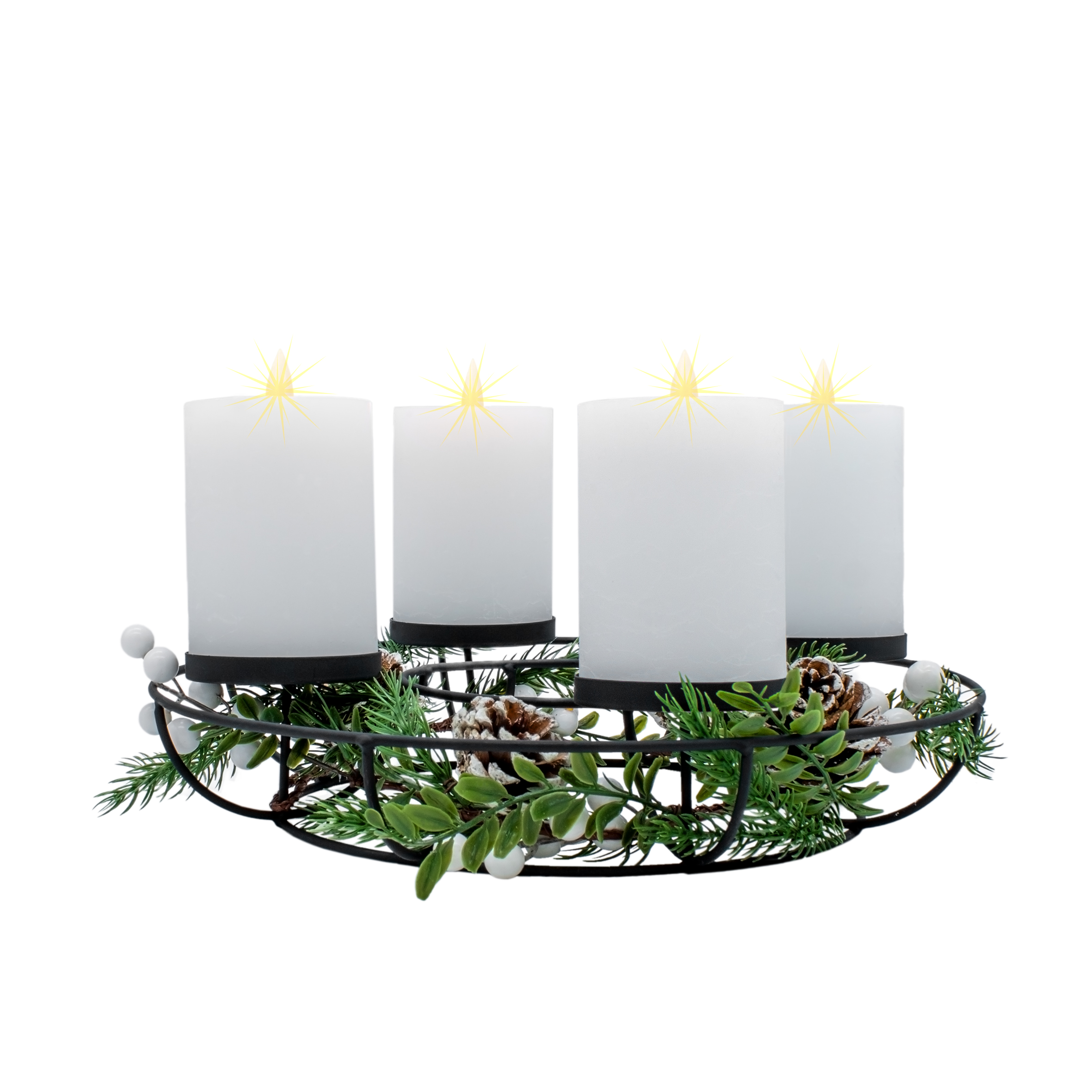 Metall Adventskranz mit 4 LED Kerzen in warm weiß - 33 cm - Weihnachts Tischkranz mit Dekoration