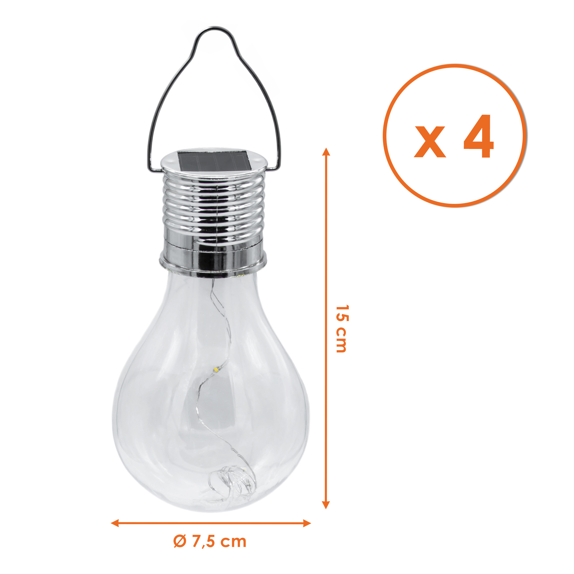 Solar Glühbirne aus Kunststoff 4er Set 15 cm - transparent - LED Dekolampe wetterfest zum aufhängen im Außenbereich geeignet