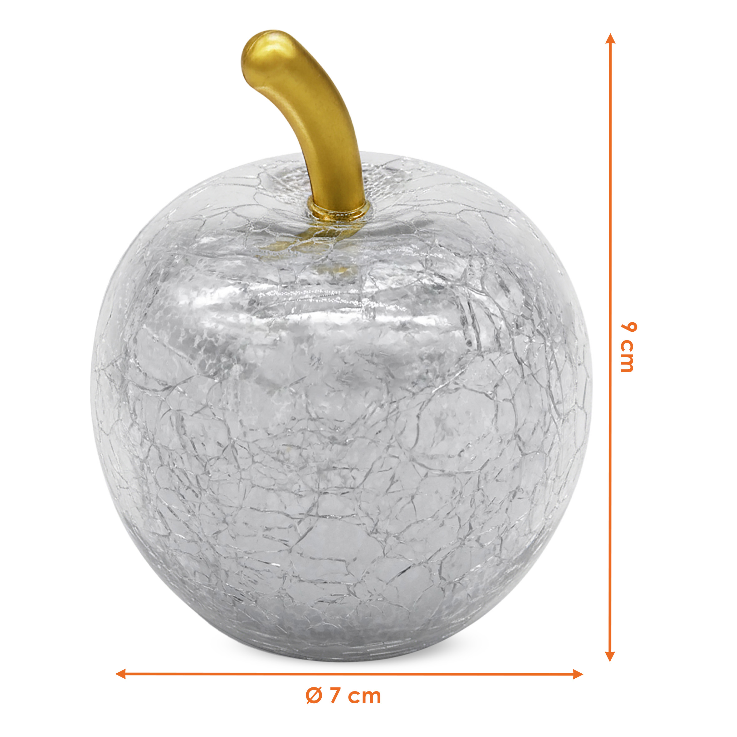 Mini Crackle Glas Apfel 7 cm mit 5 LED batteriebetrieben mit Timer - silber - Deko Frucht in Bruchglas Optik warm weiß beleuchtet