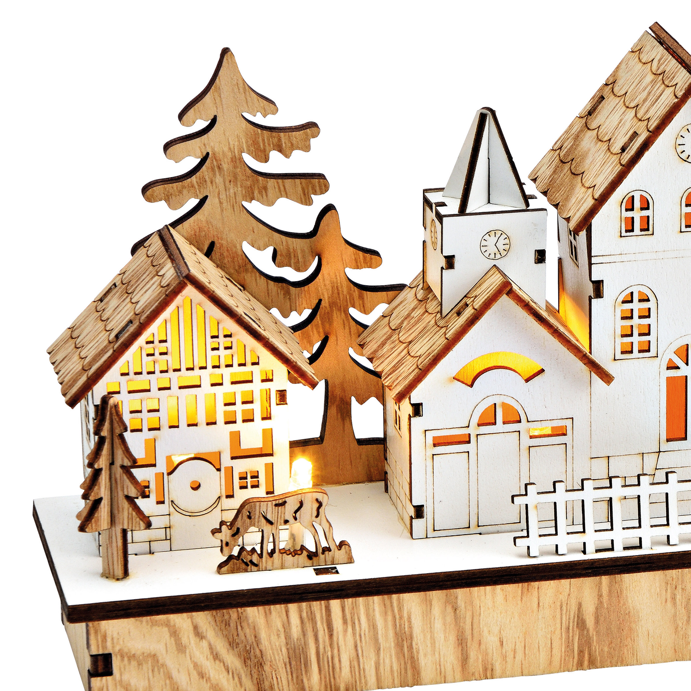 LED Holz Winterstadt Aufsteller warm weiß beleuchtet - 30 x 14 cm - Weihnachtsdorf Szene Tischdekoration Batterie betrieben