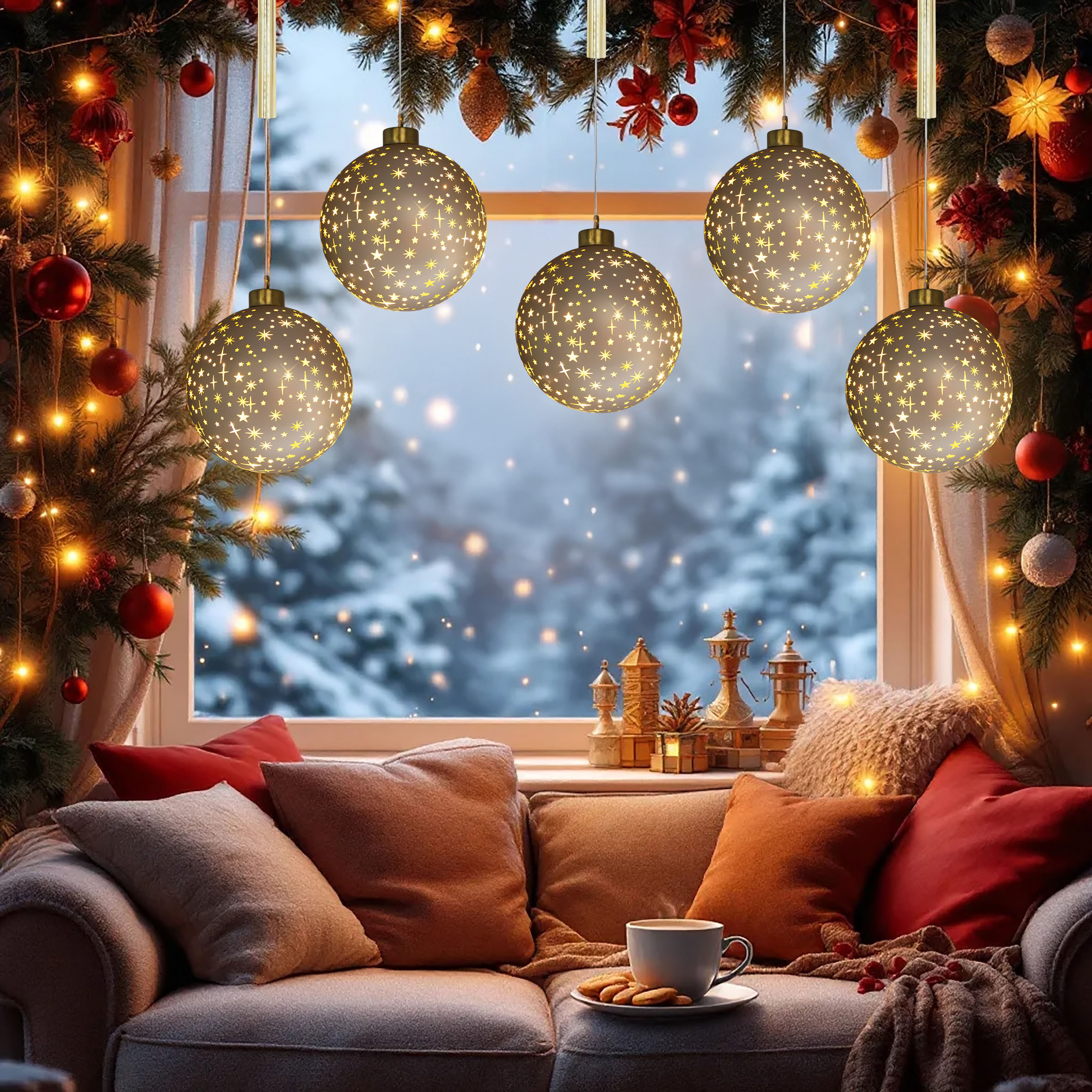 LED Glas Weihnachtskugel champagner zum Hängen mit Timer - 19 cm - Dekokugel mit Sterne Motiv soft gold beleuchtet batteriebetrieben
