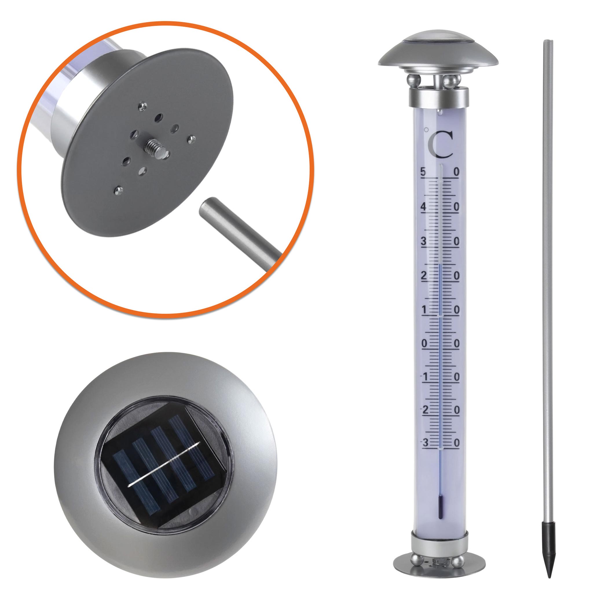 XXL Solar Außenthermometer - 112 cm - beleuchtetes Gartenthermometer mit Erdspieß