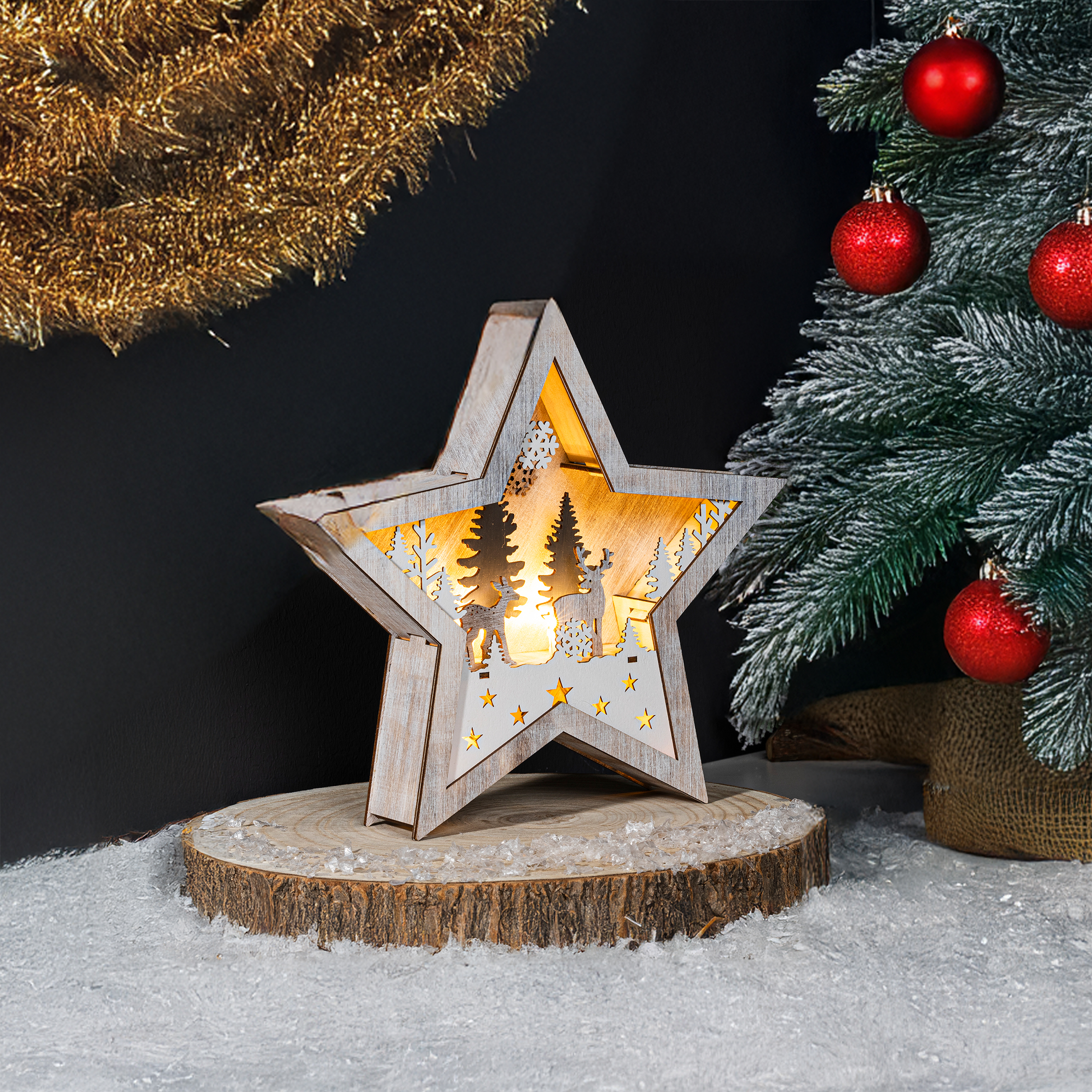 LED Weihnachts Stern aus Holz 25 cm - Rentier im Wald - Deko Aufsteller warm weiß beleuchtet