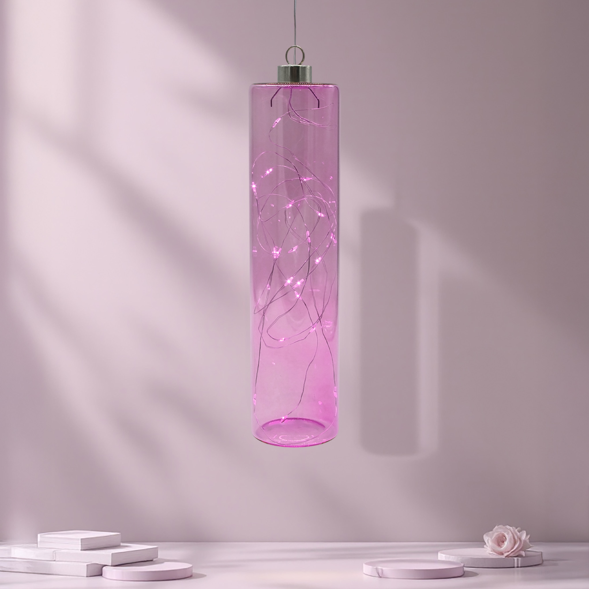 LED Glas Pendelleuchte Lavendel lila mit Timer - 24 x 6 cm - Hängelampe Batterie betrieben warm weiß beleuchtet